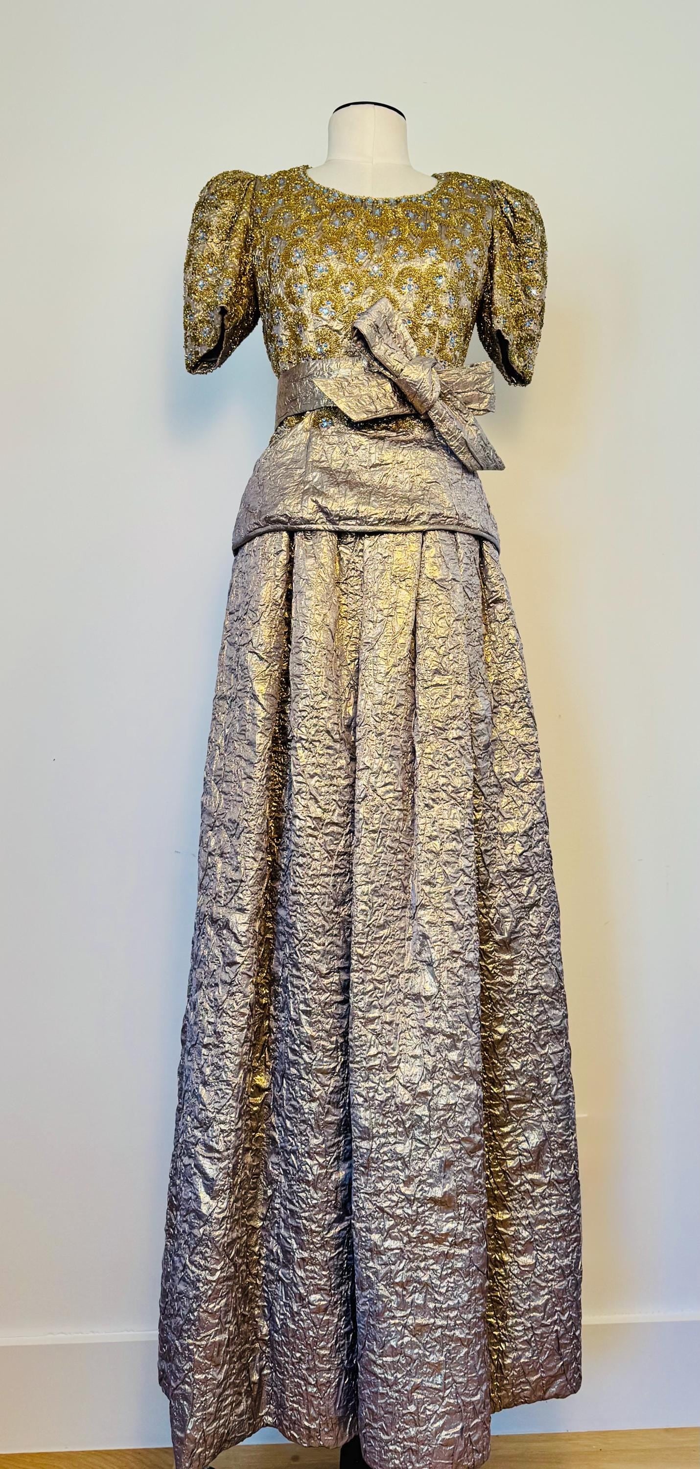 1979 Regal Adolfo Runway Silk Metallic Embellished Skirt and Top Ensemble Gown