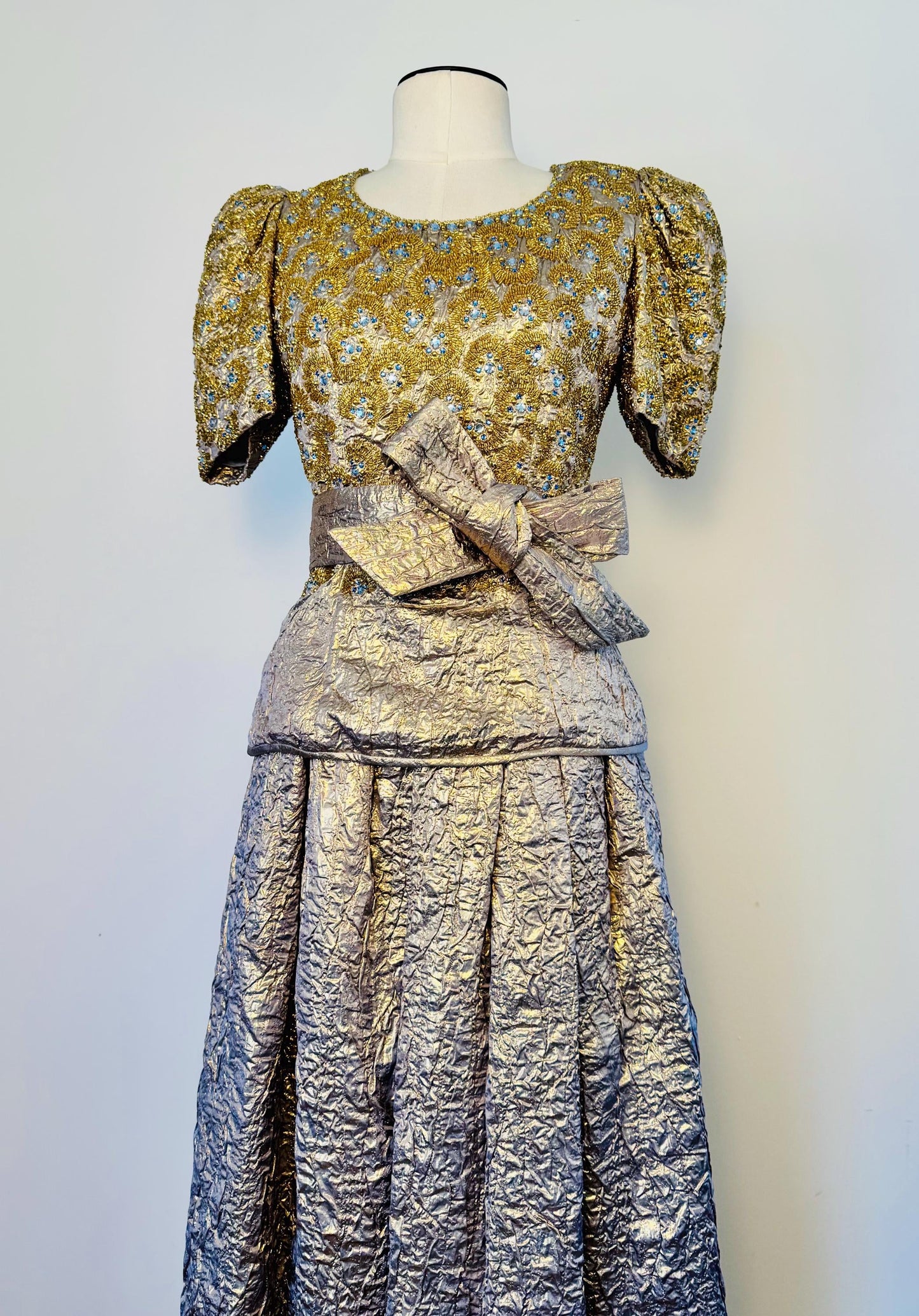 1979 Regal Adolfo Runway Silk Metallic Embellished Skirt and Top Ensemble Gown