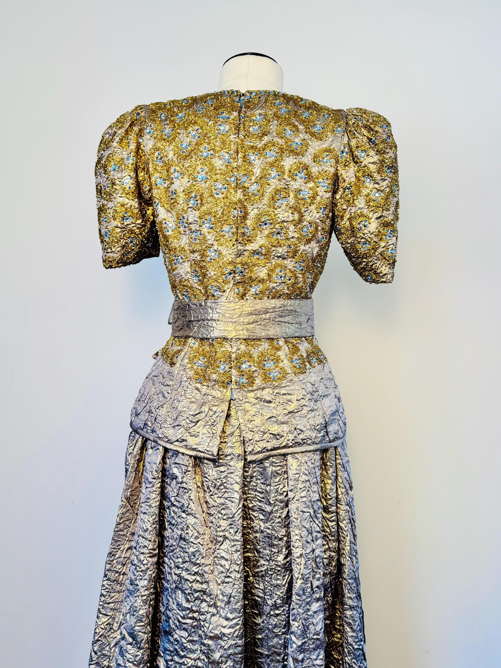 1979 Regal Adolfo Runway Silk Metallic Embellished Skirt and Top Ensemble Gown