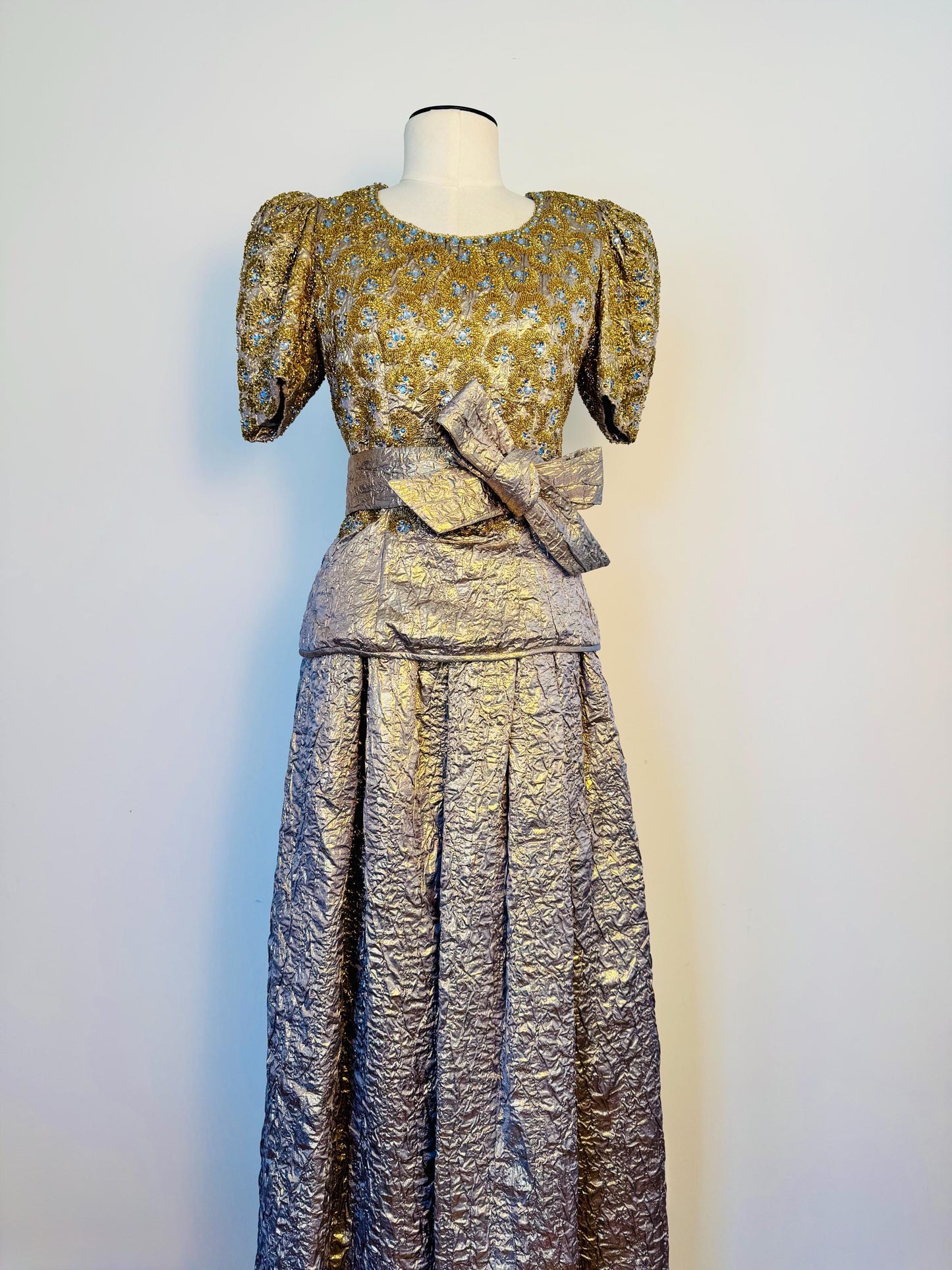 1979 Regal Adolfo Runway Silk Metallic Embellished Skirt and Top Ensemble Gown