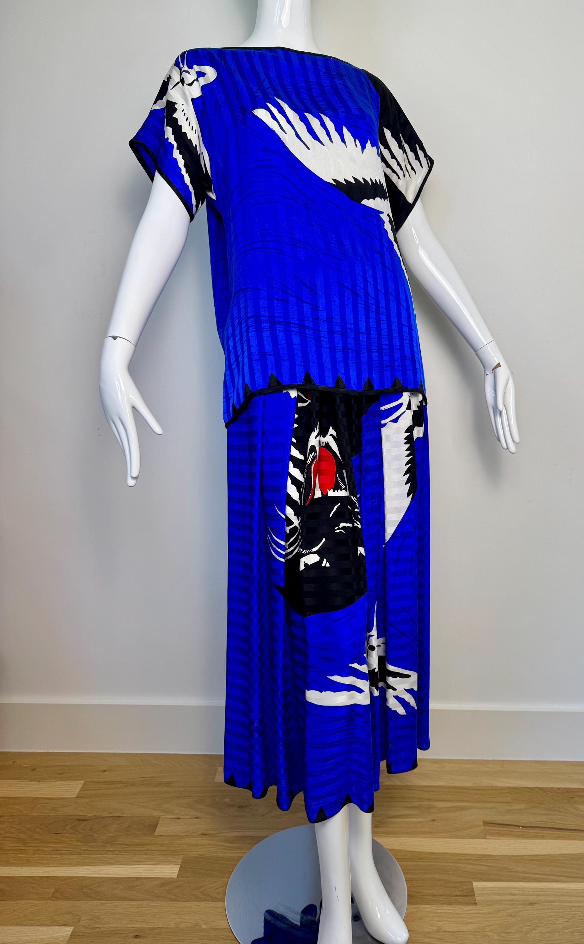 Michaele Vollbracht Panther with Crane Print Skirt and Blouse Ensemble