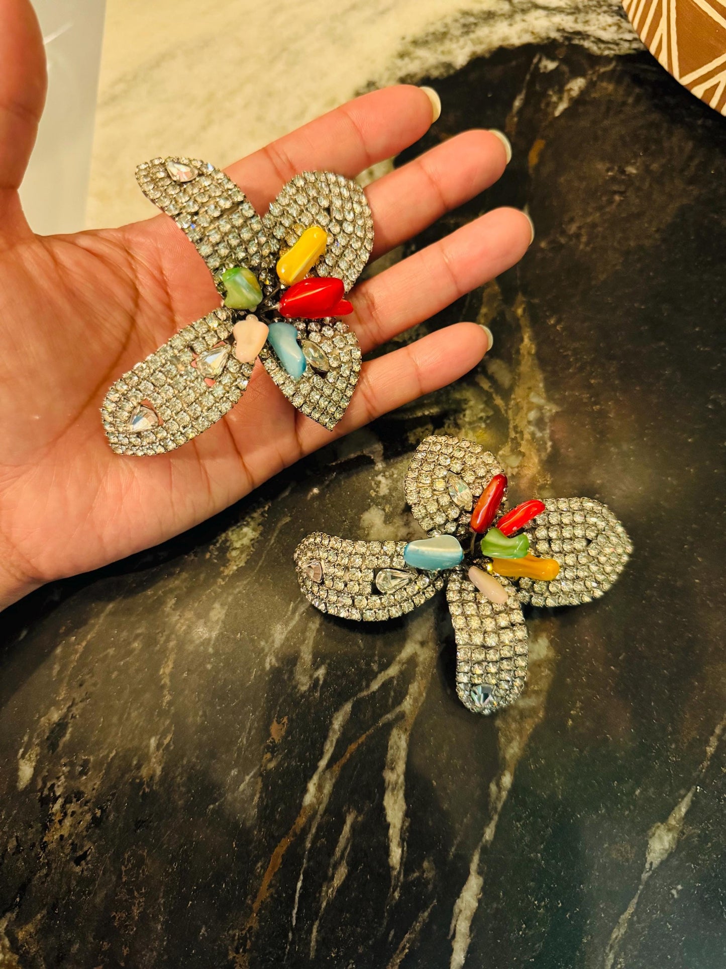 80s Iradj Moini Massive Rhinestone and Glass Flower Earrings