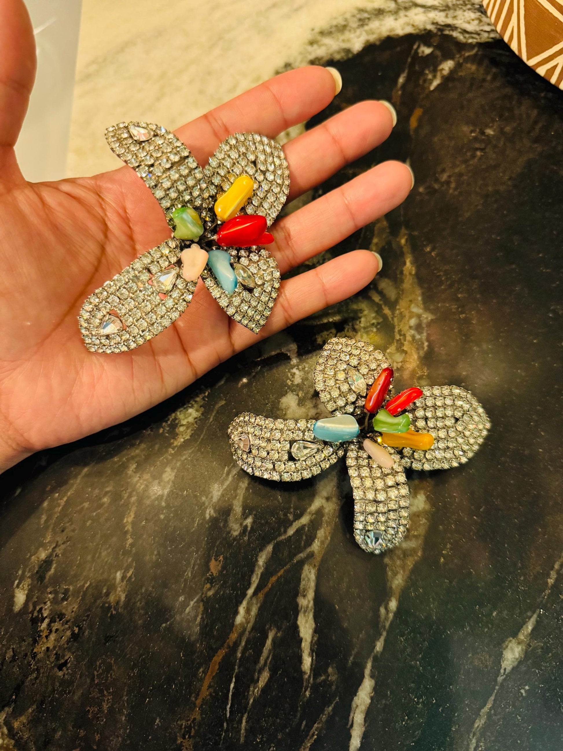 80s Iradj Moini Massive Rhinestone and Glass Flower Earrings