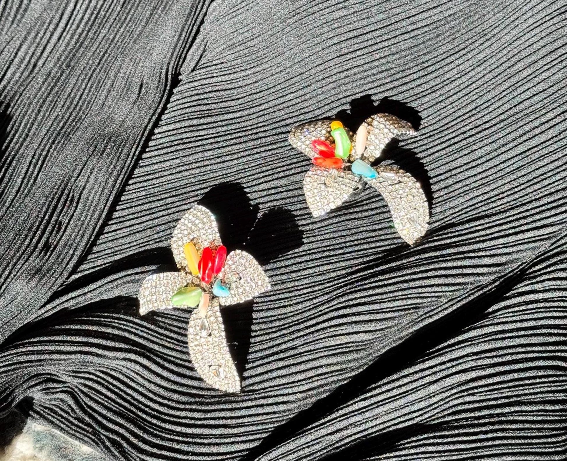 80s Iradj Moini Massive Rhinestone and Glass Flower Earrings