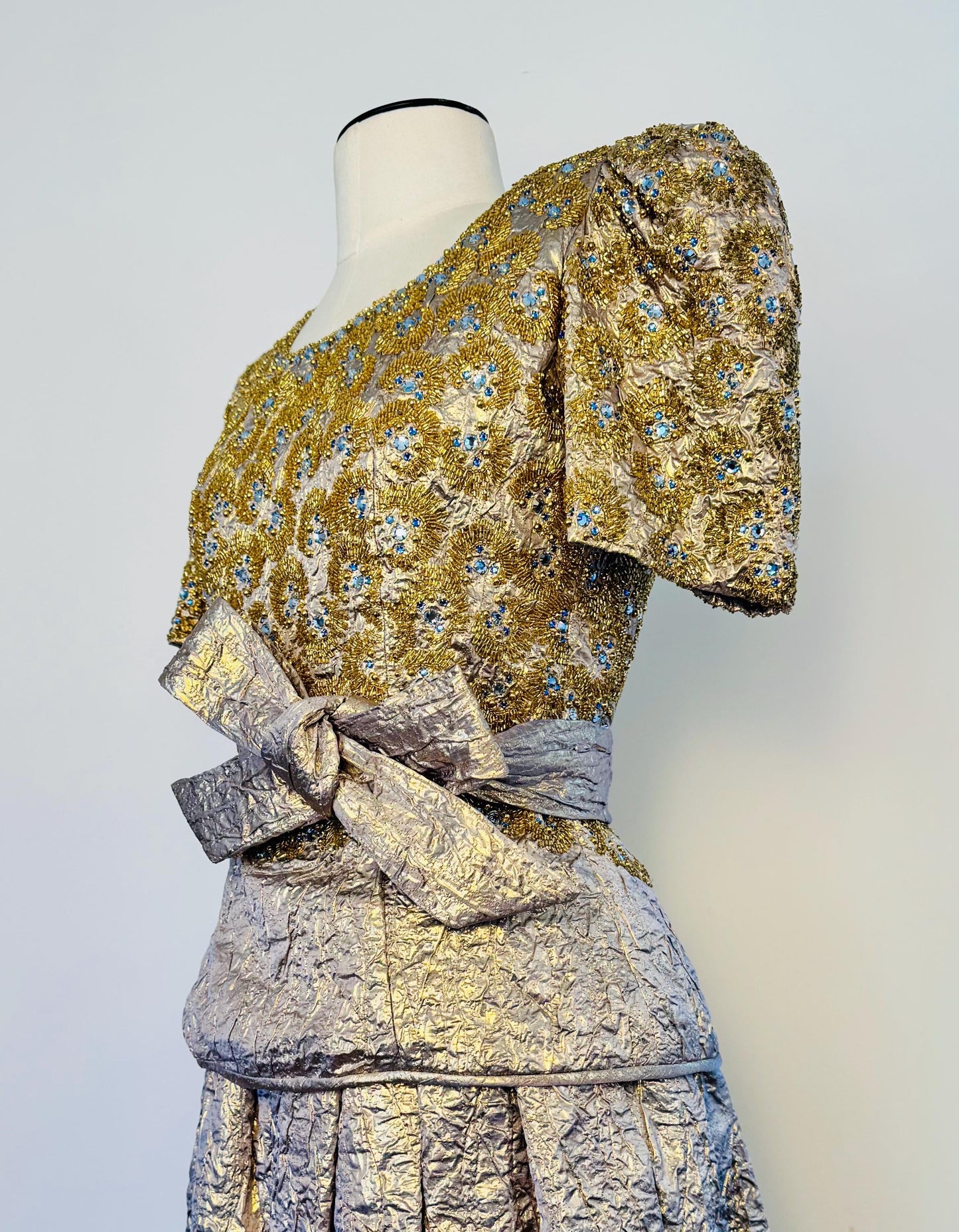1979 Regal Adolfo Runway Silk Metallic Embellished Skirt and Top Ensemble Gown