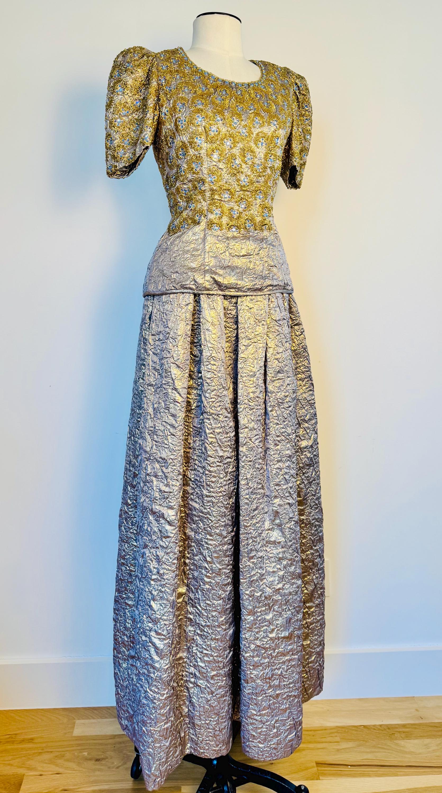 1979 Regal Adolfo Runway Silk Metallic Embellished Skirt and Top Ensemble Gown