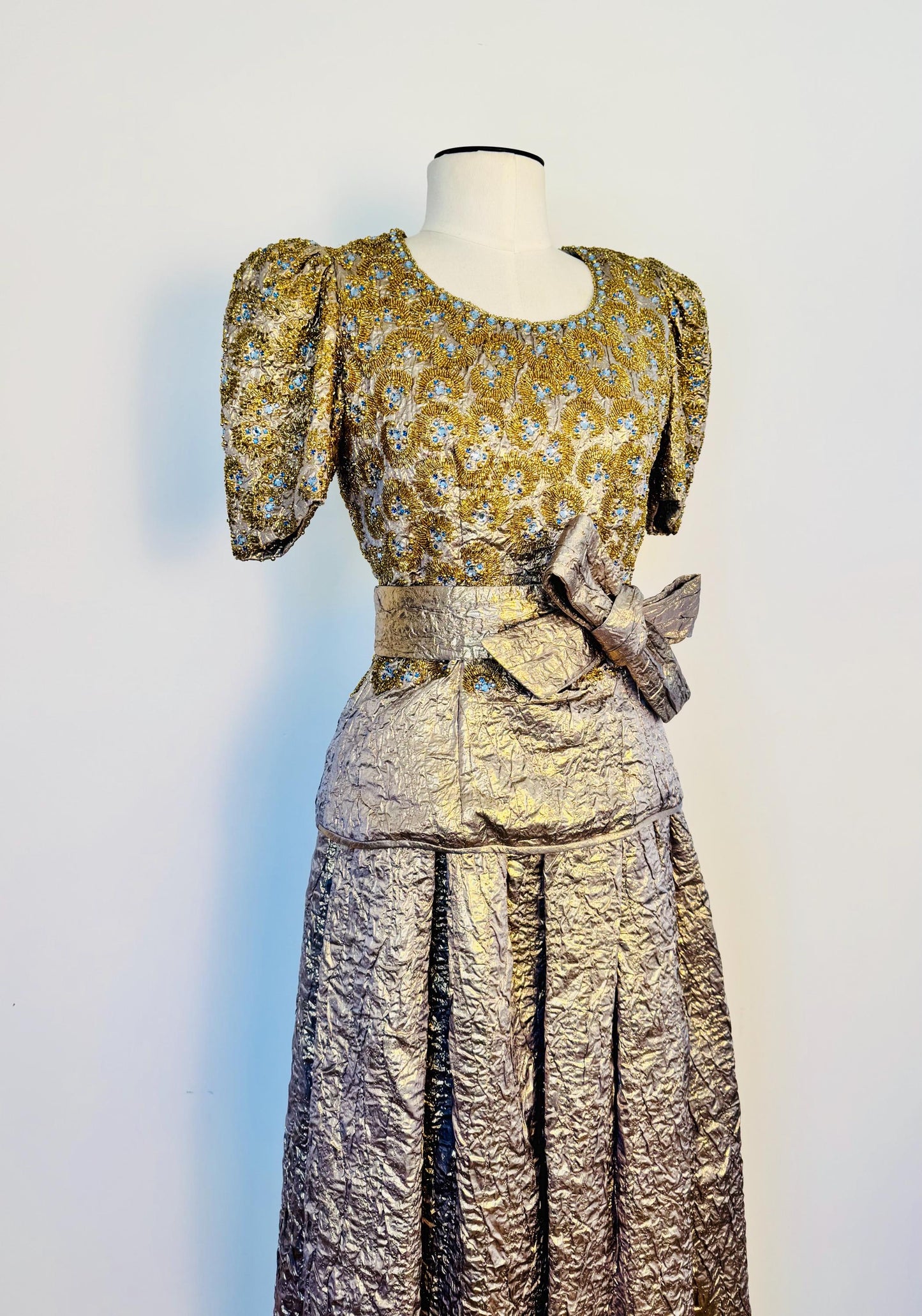 1979 Regal Adolfo Runway Silk Metallic Embellished Skirt and Top Ensemble Gown