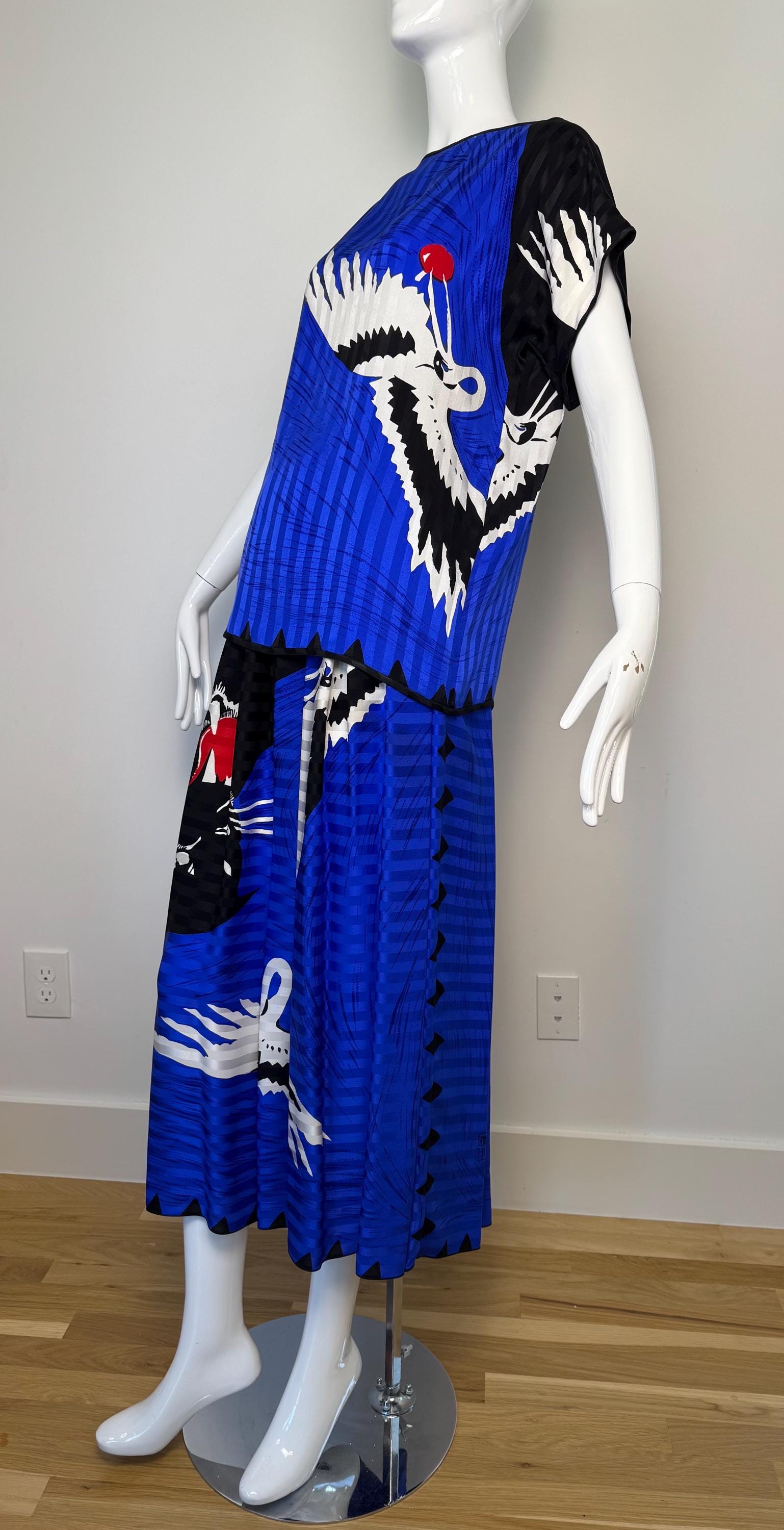 Michaele Vollbracht Panther with Crane Print Skirt and Blouse Ensemble