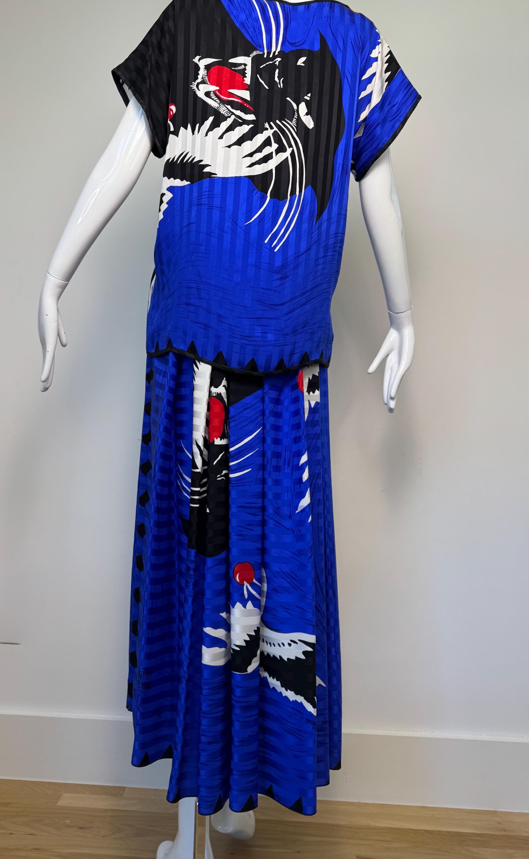 Michaele Vollbracht Panther with Crane Print Skirt and Blouse Ensemble