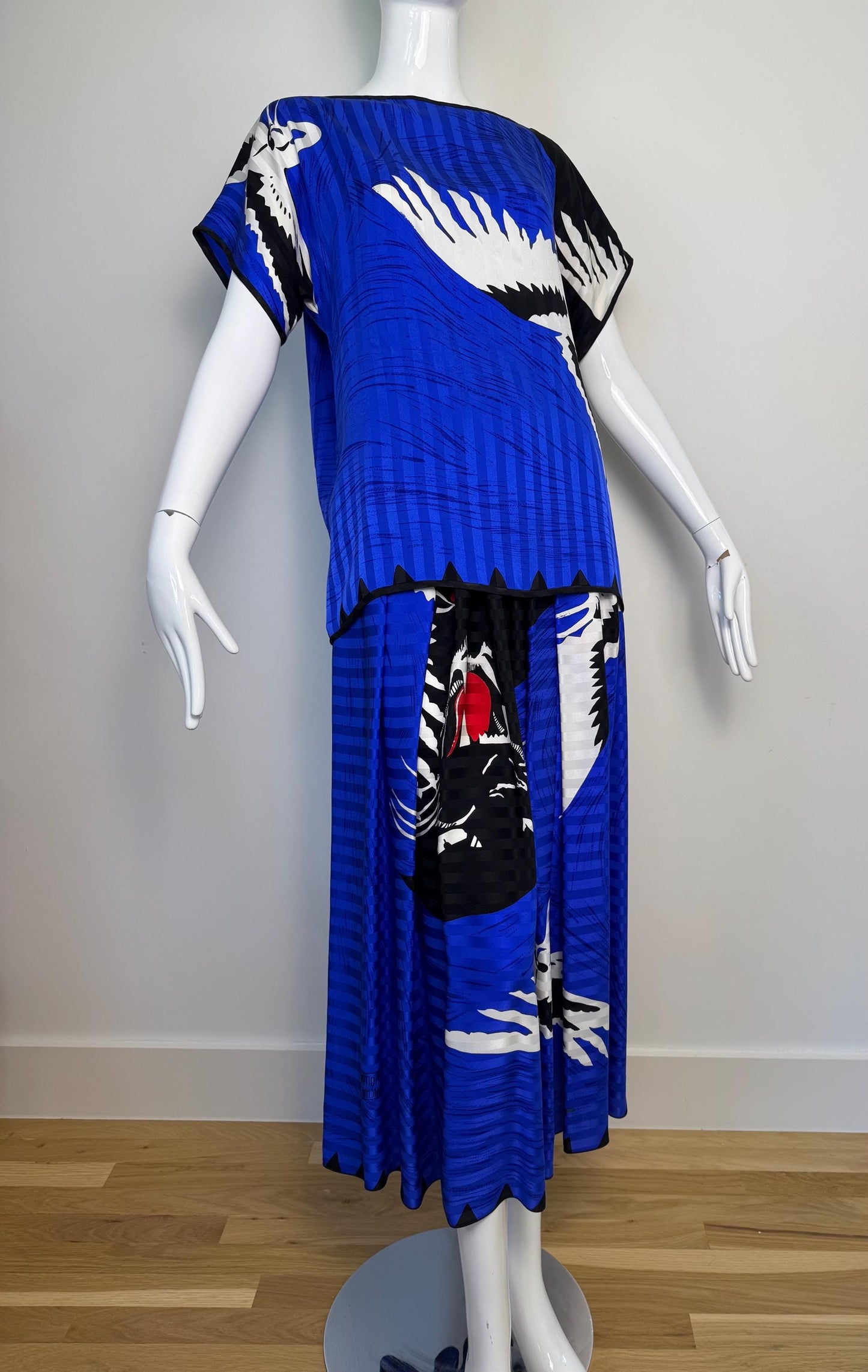 Michaele Vollbracht Panther with Crane Print Skirt and Blouse Ensemble