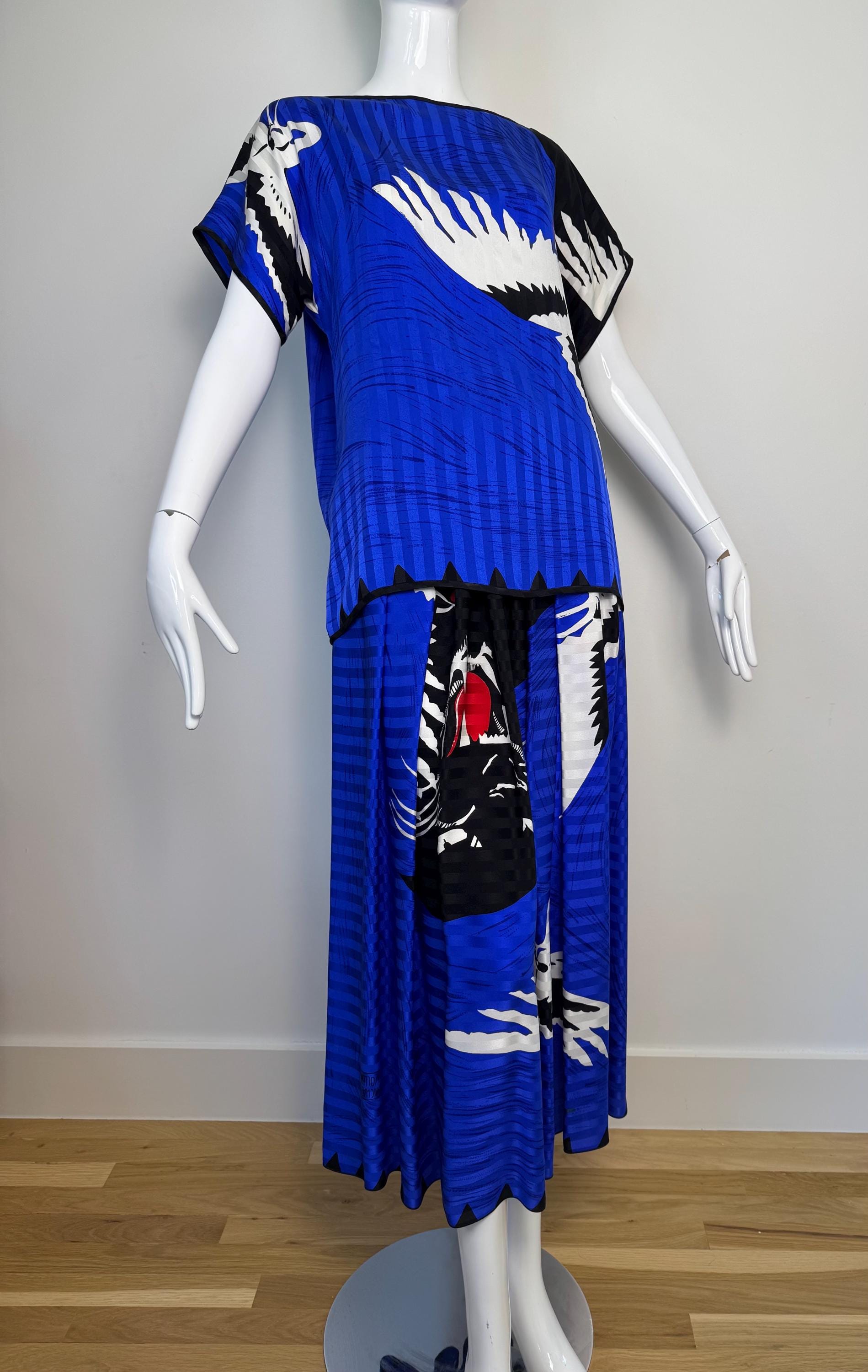 Michaele Vollbracht Panther with Crane Print Skirt and Blouse Ensemble