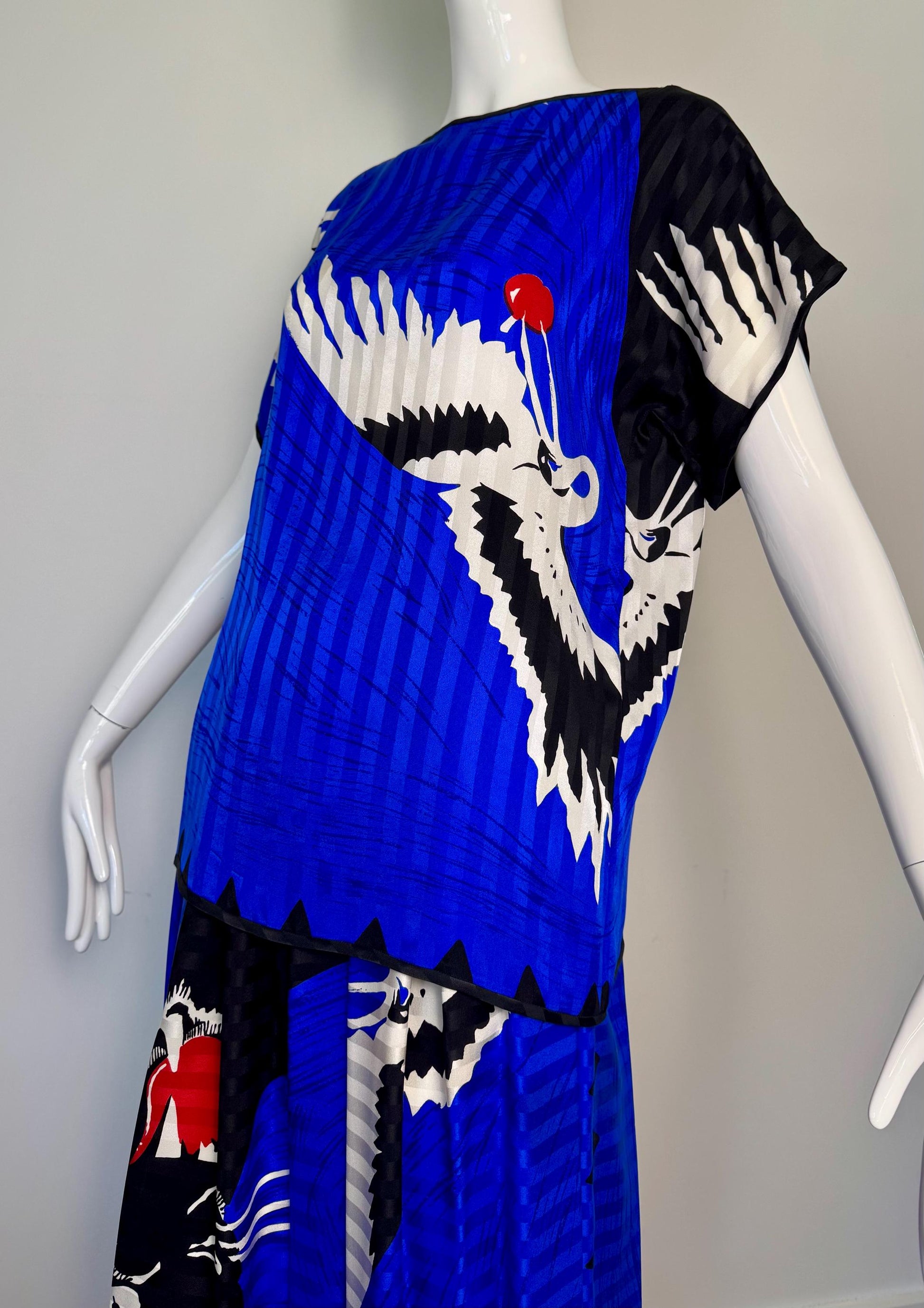 Michaele Vollbracht Panther with Crane Print Skirt and Blouse Ensemble