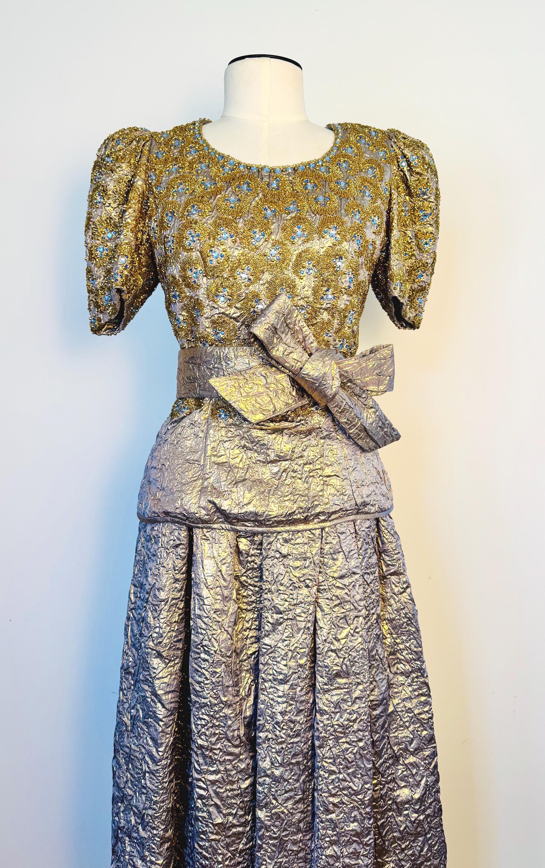 1979 Regal Adolfo Runway Silk Metallic Embellished Skirt and Top Ensemble Gown