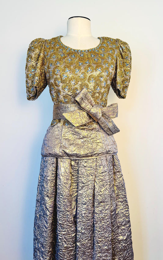 1979 Regal Adolfo Runway Silk Metallic Embellished Skirt and Top Ensemble Gown