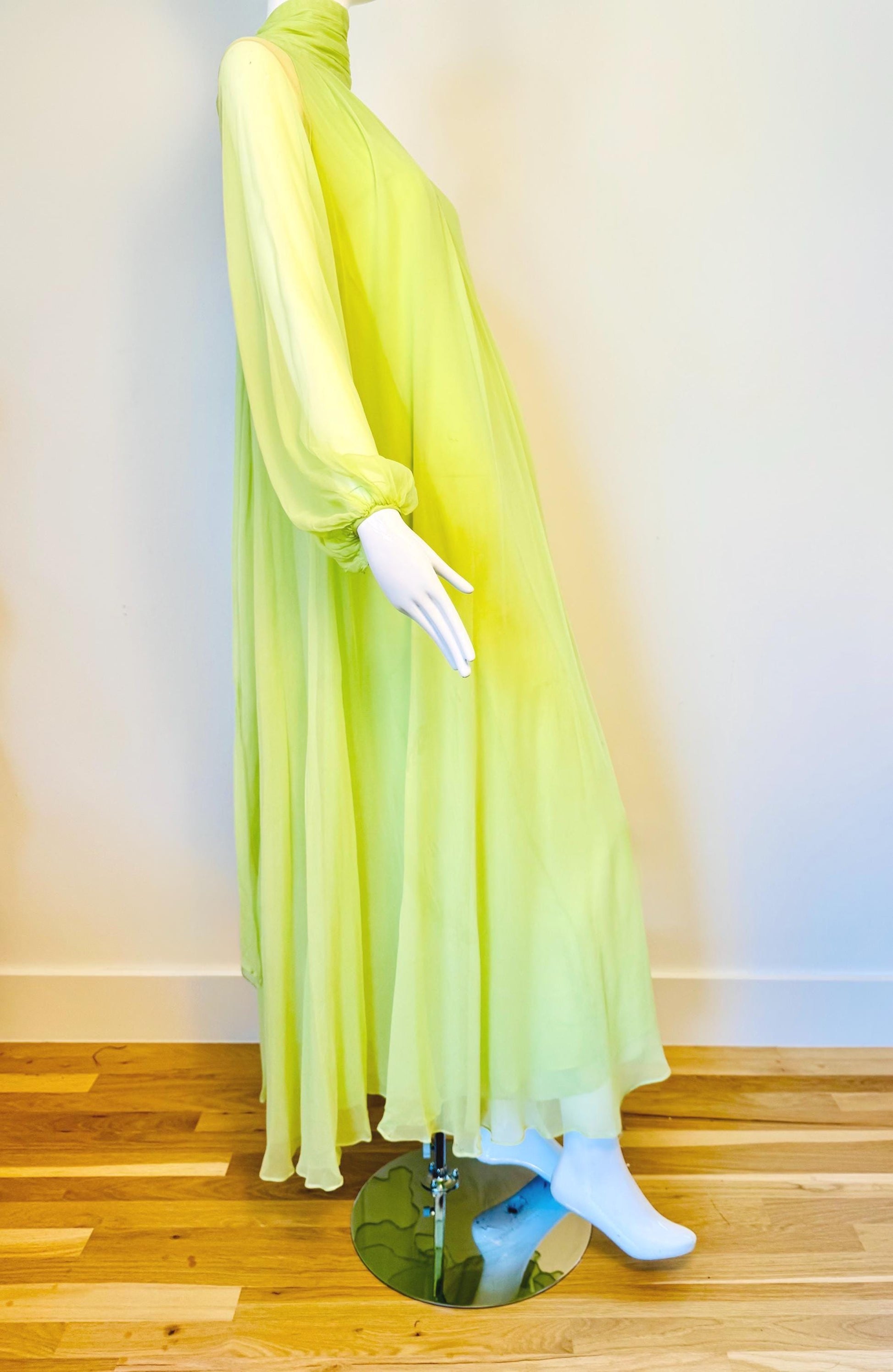 Vintage Bill Tice for Malcolm Starr Lime Green Silk Chiffon Sweeping Gown