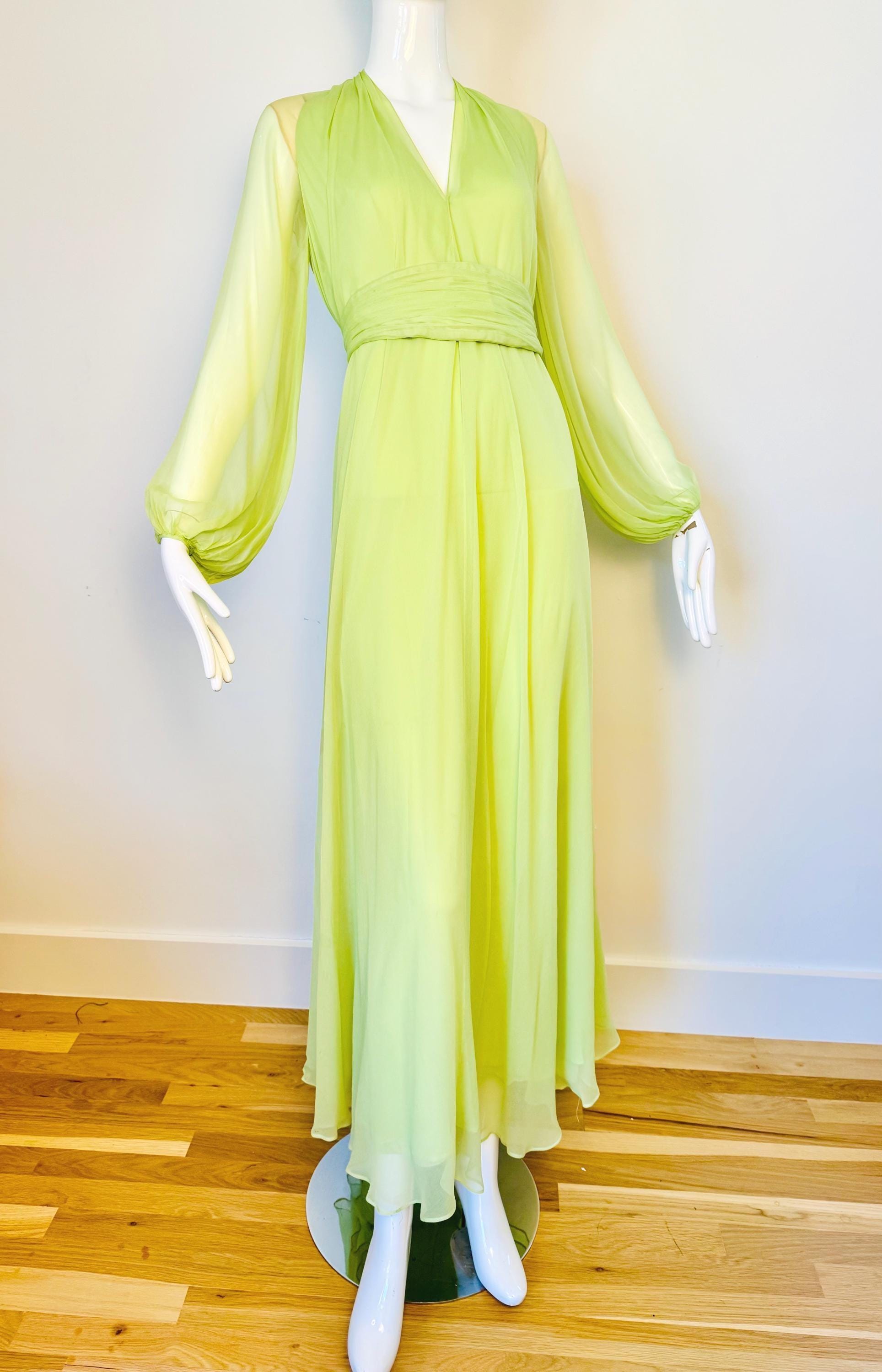 Vintage Bill Tice for Malcolm Starr Lime Green Silk Chiffon Sweeping Gown