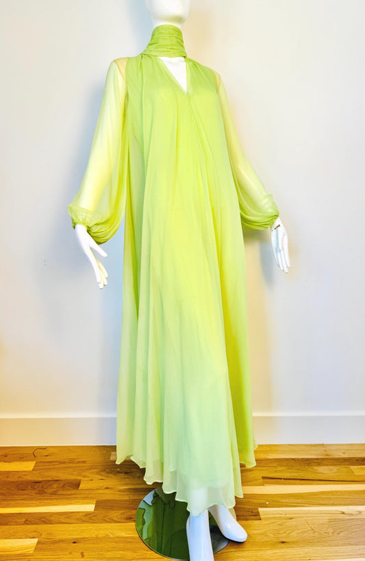 Vintage Bill Tice for Malcolm Starr Lime Green Silk Chiffon Sweeping Gown
