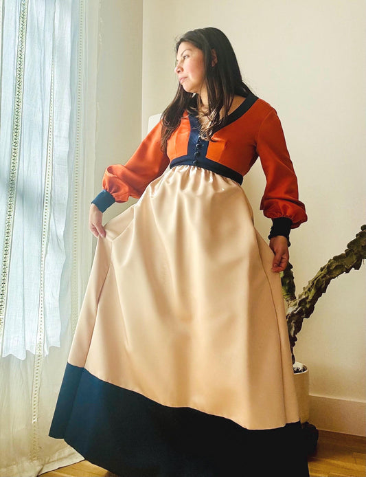 70s Geoffrey Beene Color Block Satin Gown