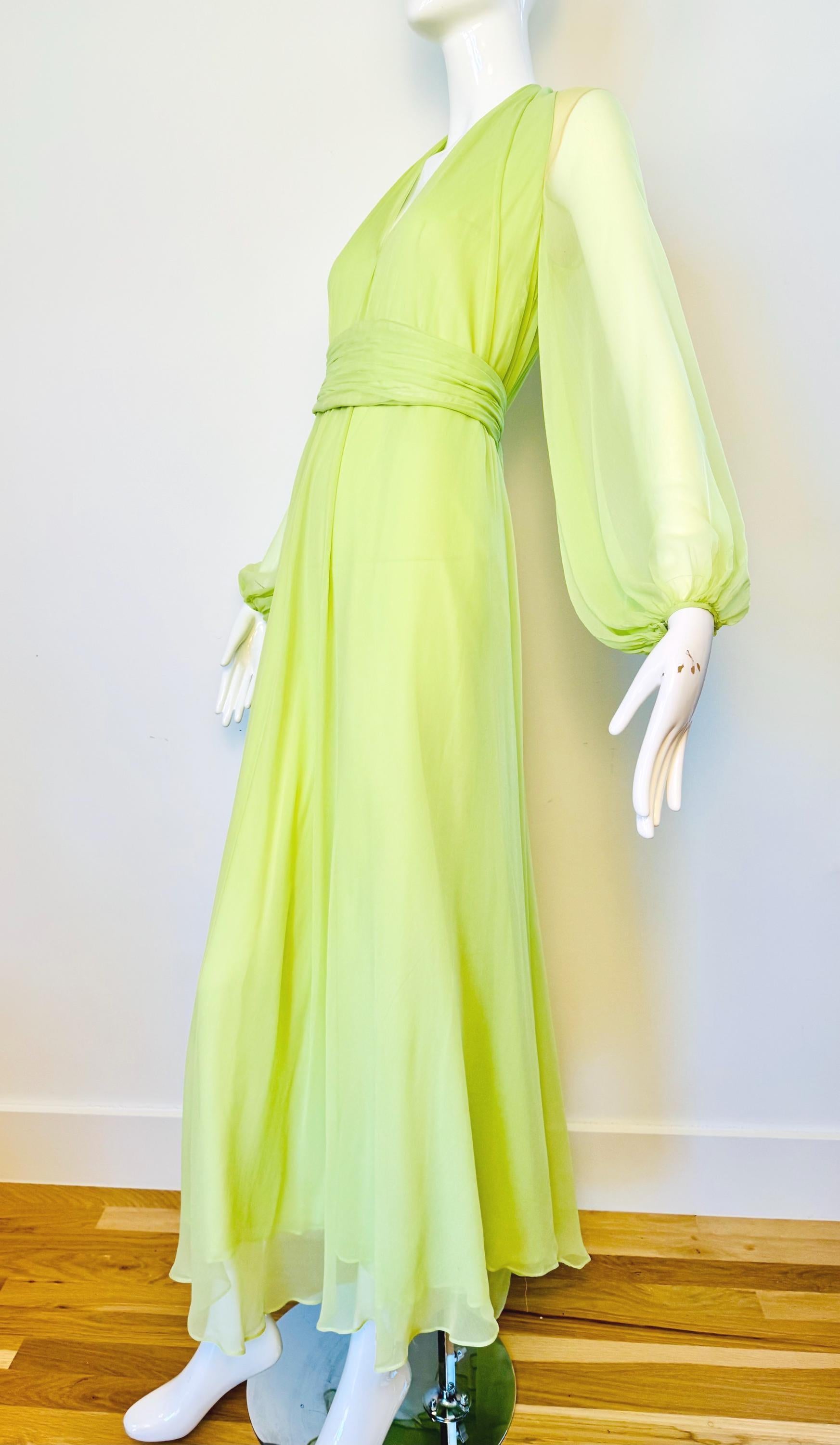 Vintage Bill Tice for Malcolm Starr Lime Green Silk Chiffon Sweeping Gown