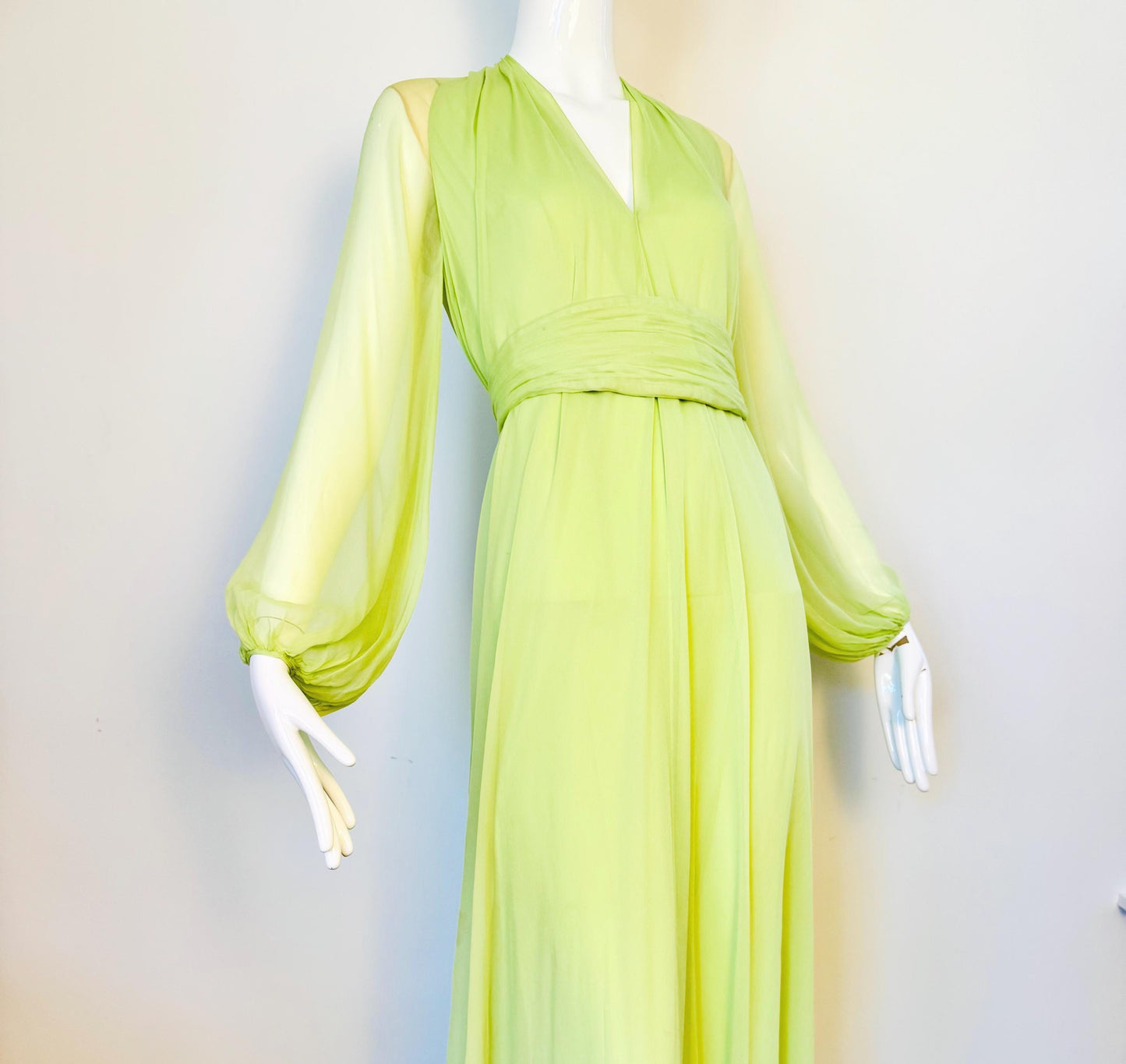 Vintage Bill Tice for Malcolm Starr Lime Green Silk Chiffon Sweeping Gown