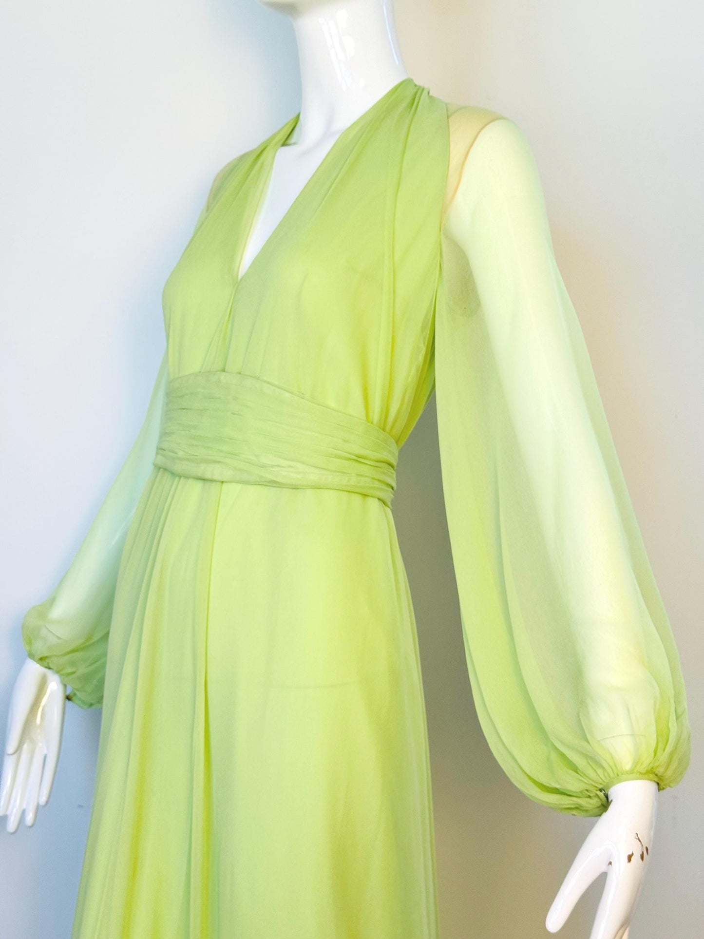 Vintage Bill Tice for Malcolm Starr Lime Green Silk Chiffon Sweeping Gown