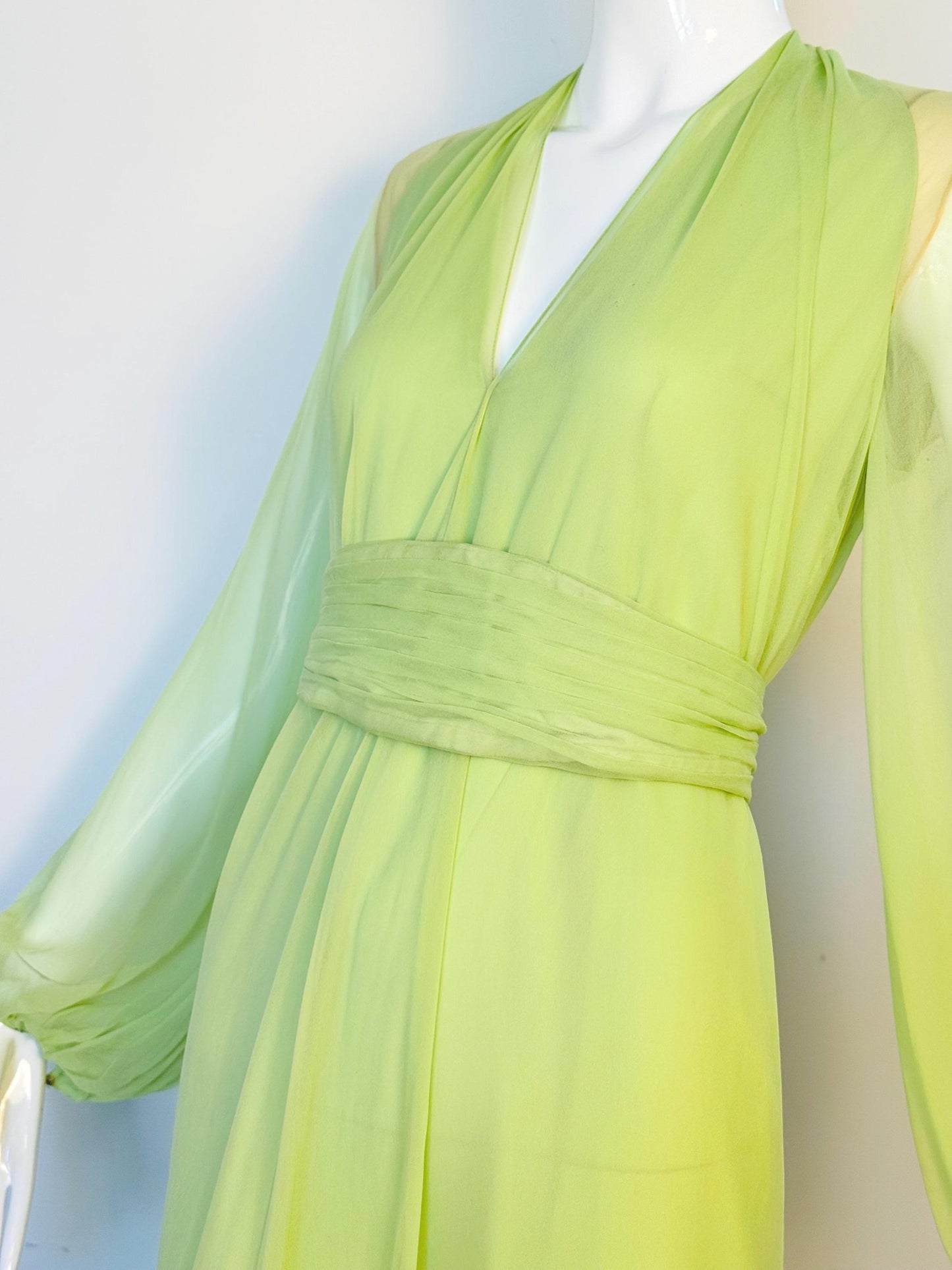 Vintage Bill Tice for Malcolm Starr Lime Green Silk Chiffon Sweeping Gown