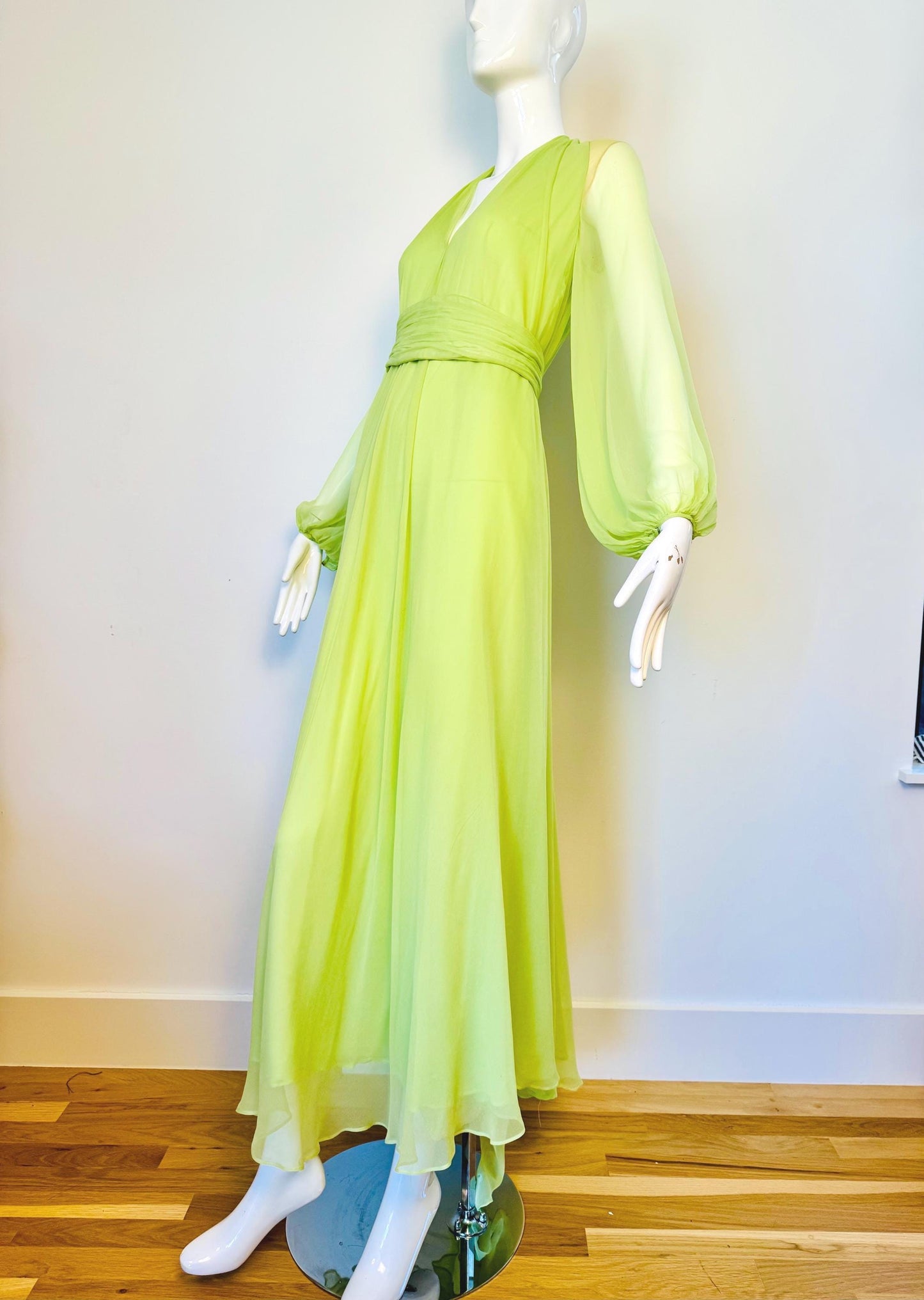 Vintage Bill Tice for Malcolm Starr Lime Green Silk Chiffon Sweeping Gown