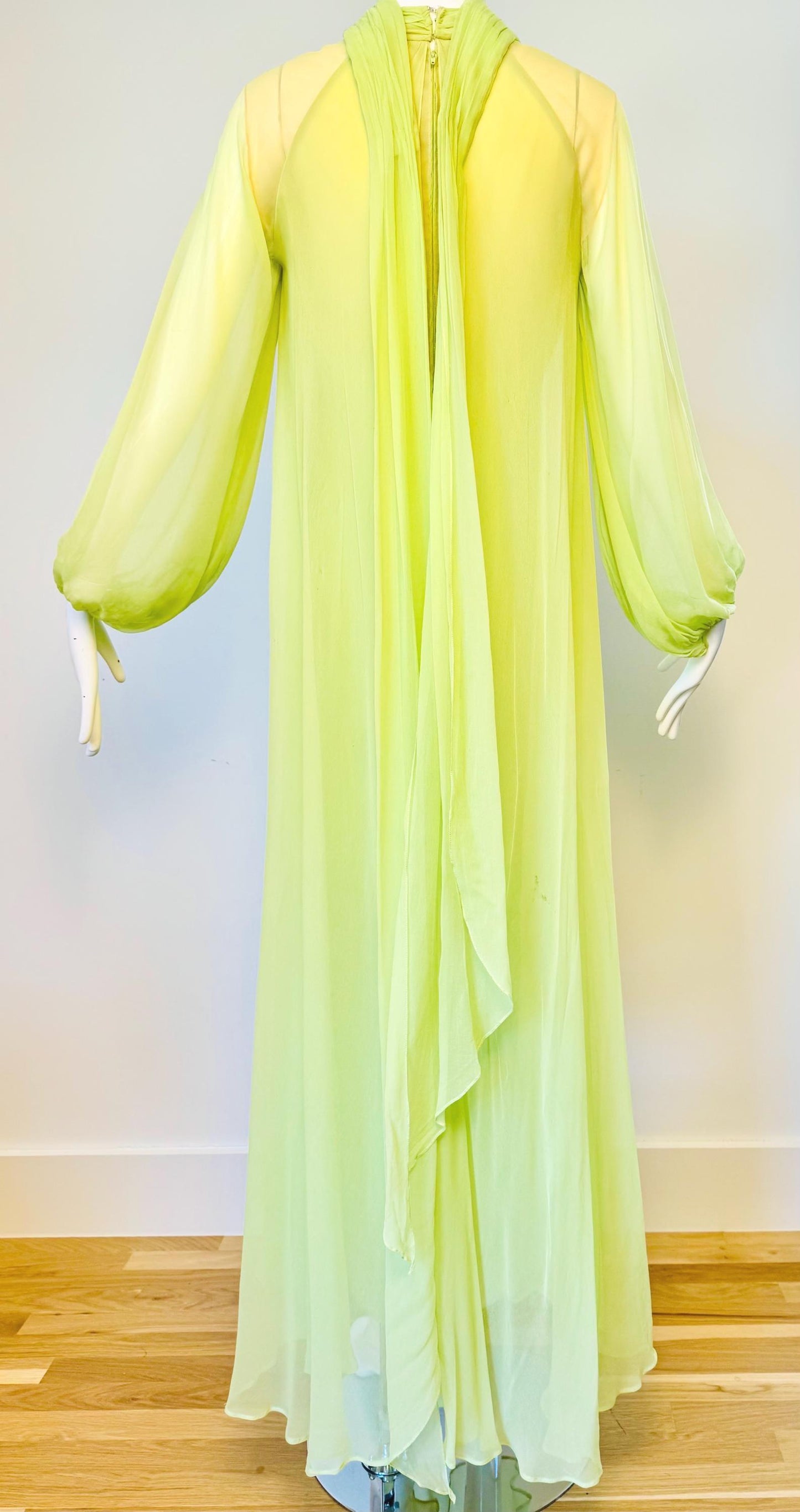 Vintage Bill Tice for Malcolm Starr Lime Green Silk Chiffon Sweeping Gown