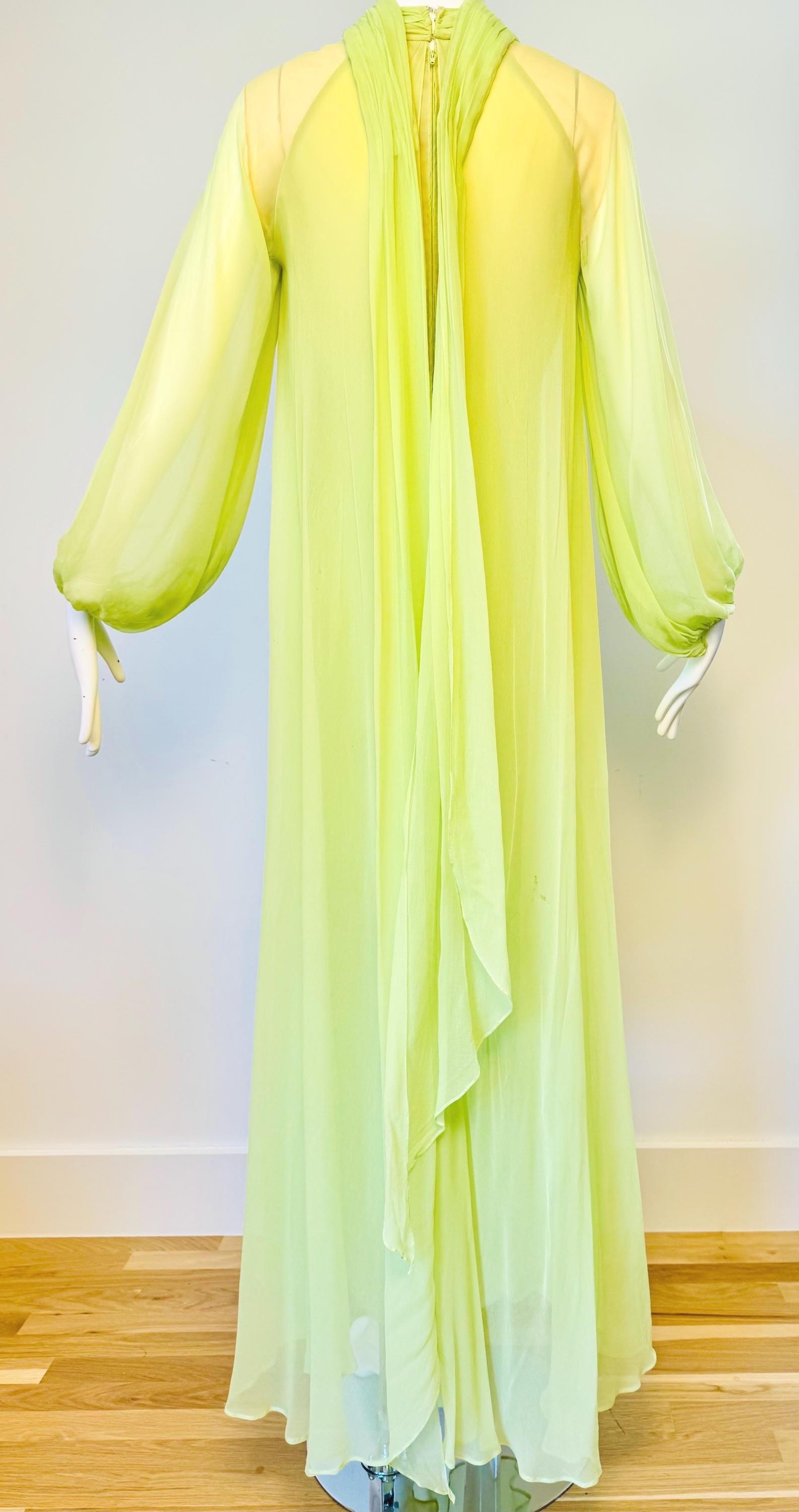 Vintage Bill Tice for Malcolm Starr Lime Green Silk Chiffon Sweeping Gown