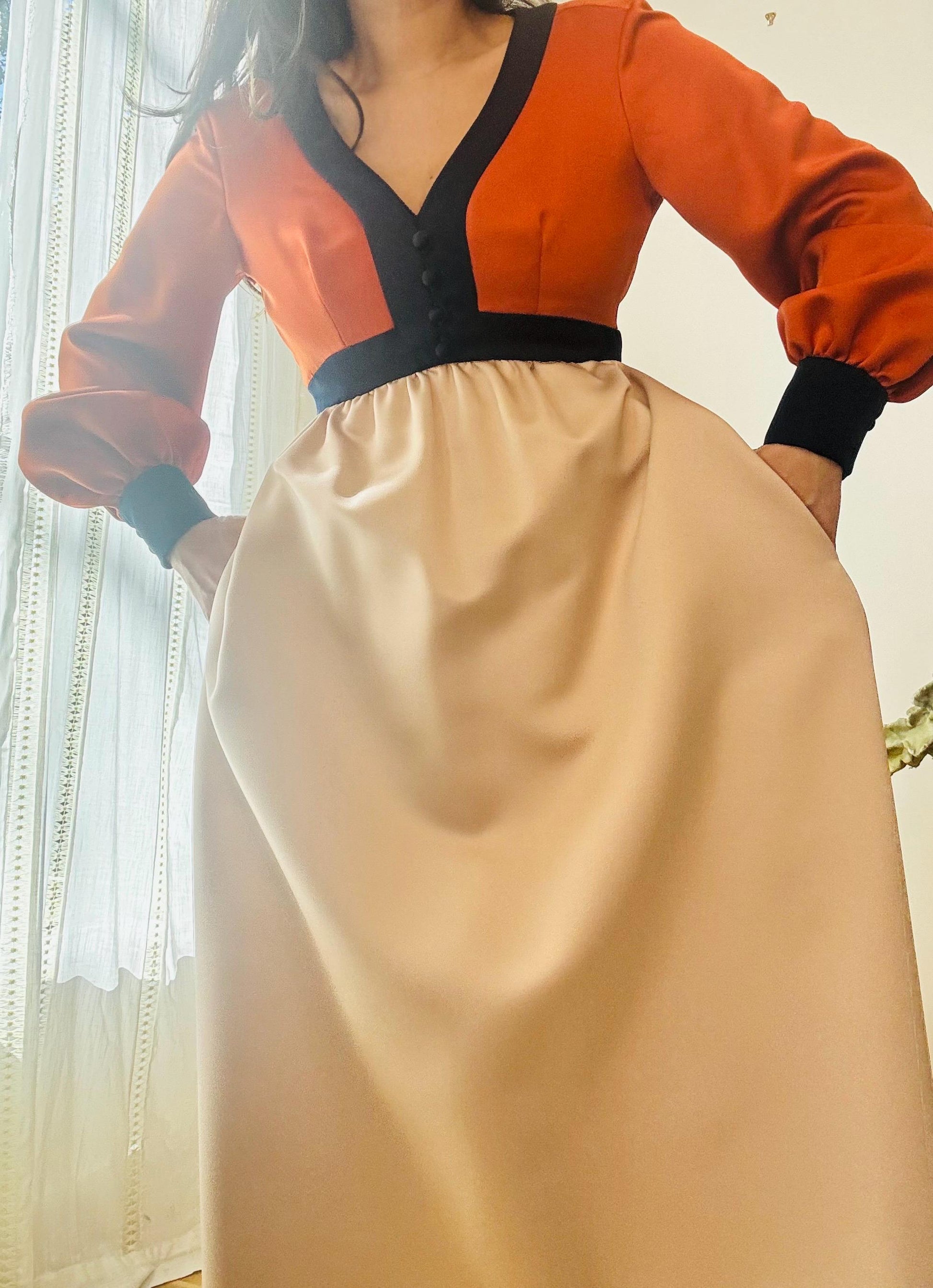 70s Geoffrey Beene Color Block Satin Gown