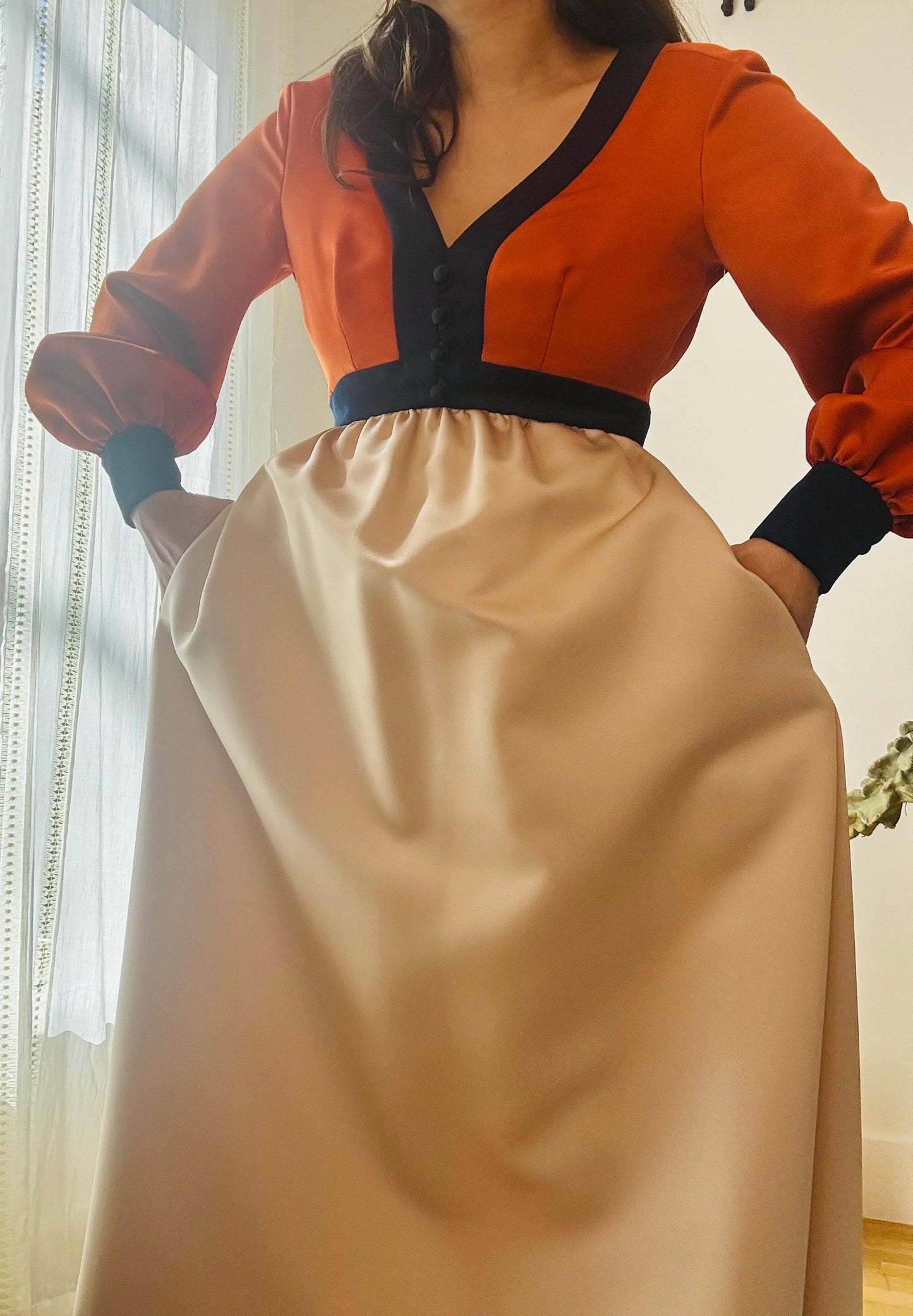 70s Geoffrey Beene Color Block Satin Gown