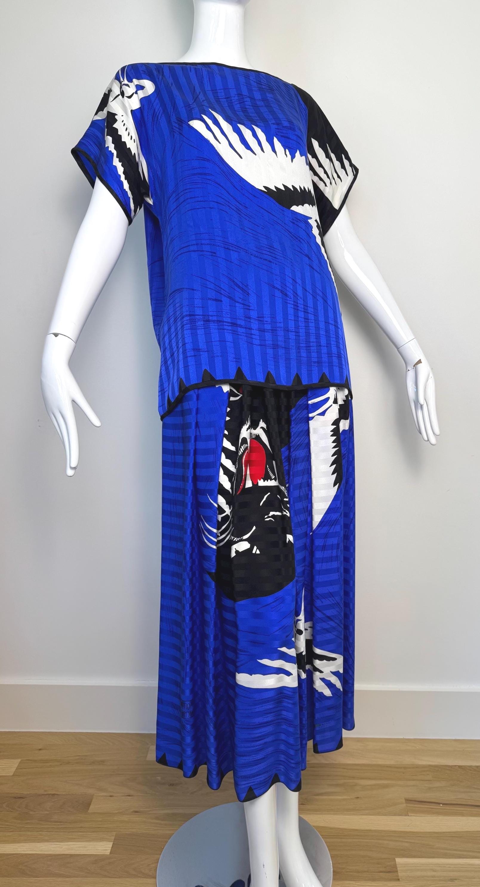 Michaele Vollbracht Panther with Crane Print Skirt and Blouse Ensemble