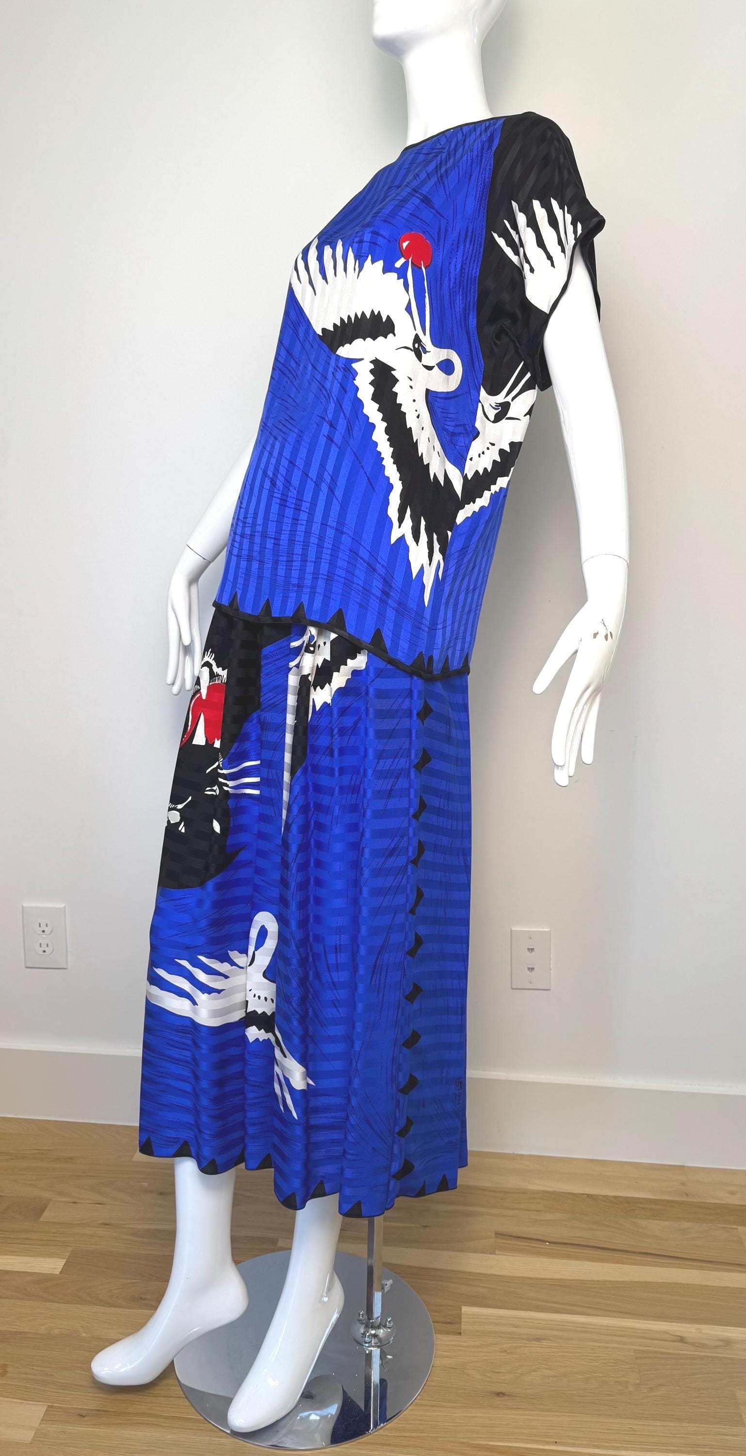 Michaele Vollbracht Panther with Crane Print Skirt and Blouse Ensemble
