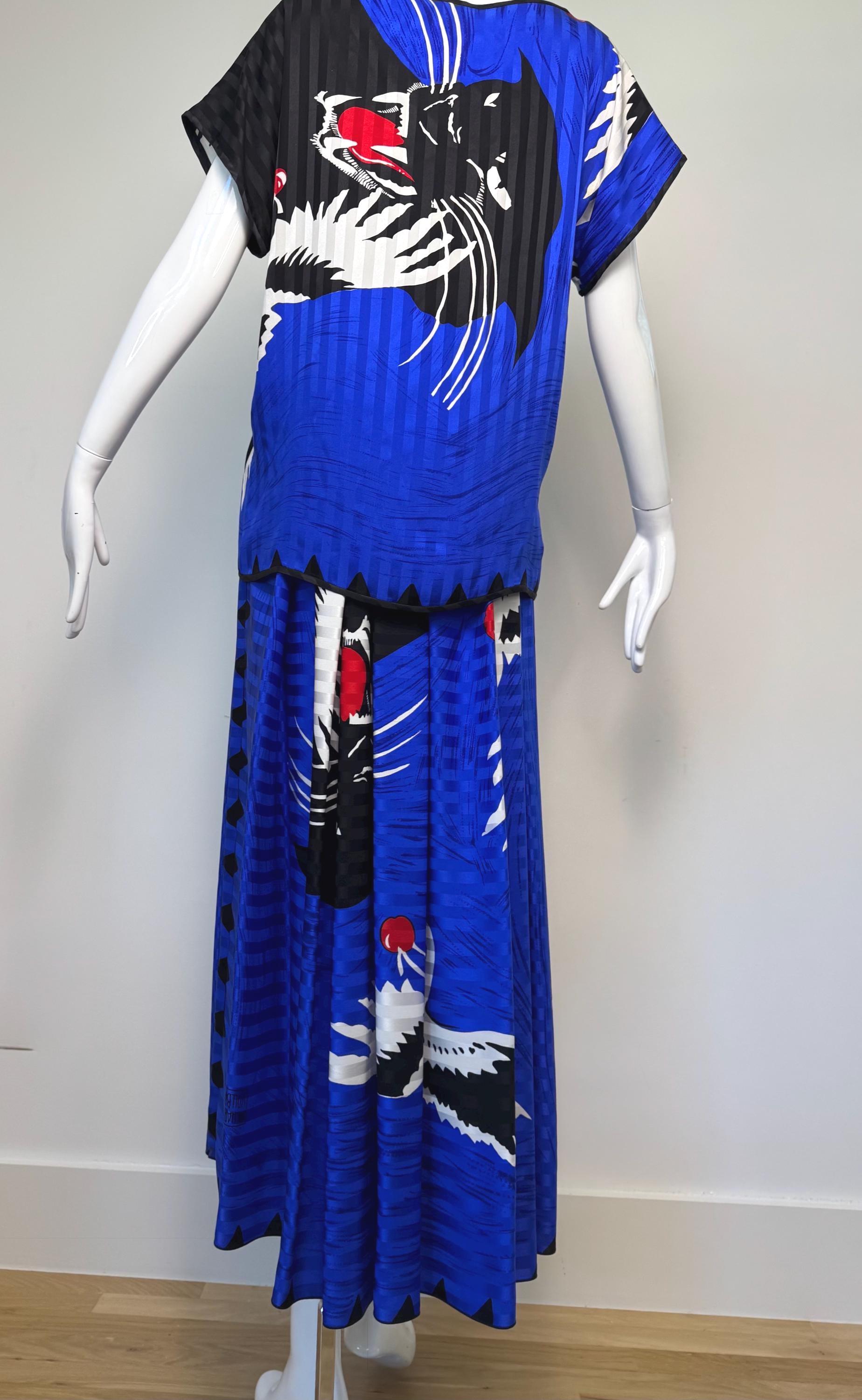 Michaele Vollbracht Panther with Crane Print Skirt and Blouse Ensemble