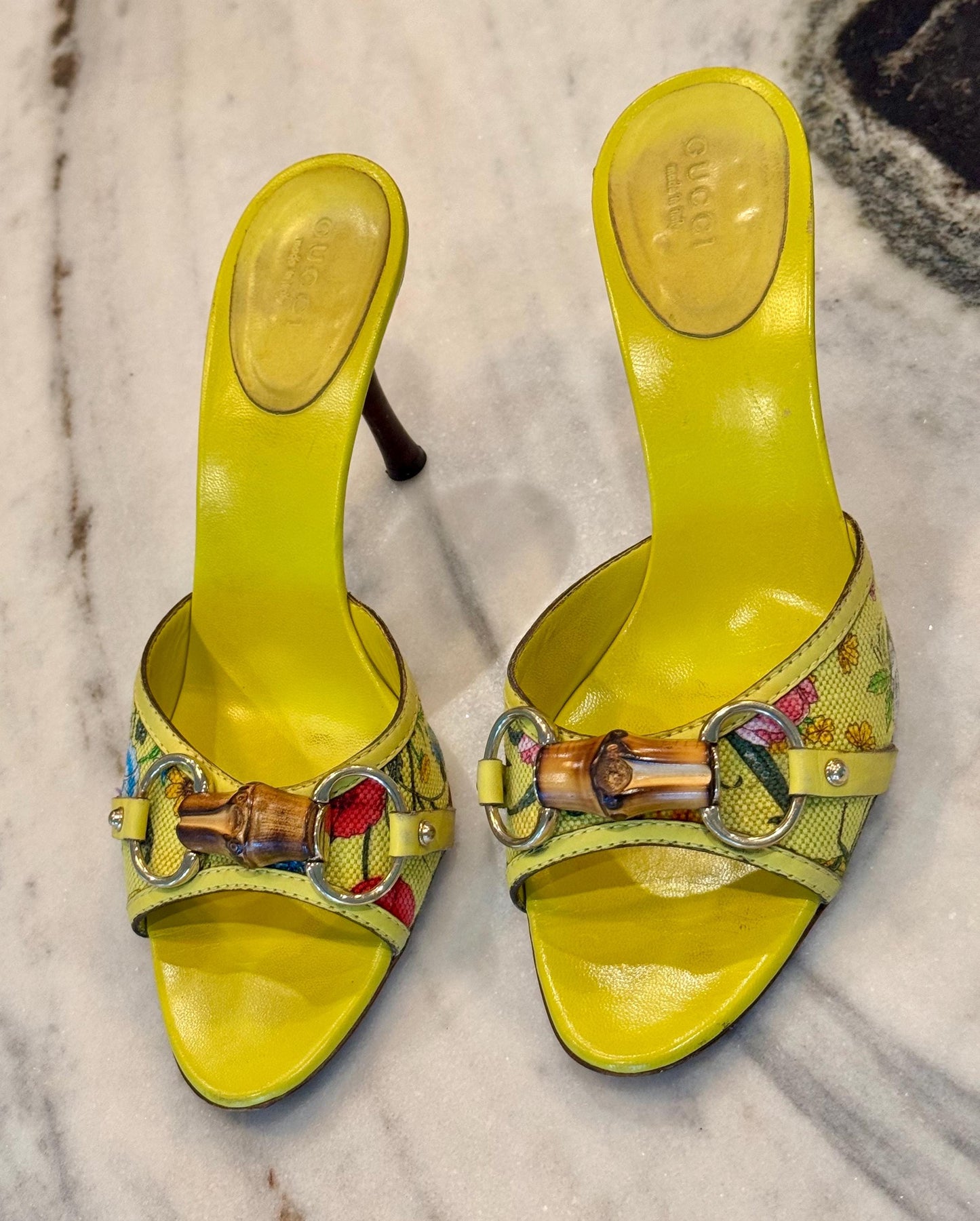 Gucci Yellow Leather Flora Canvas Bamboo Horsebit Mules