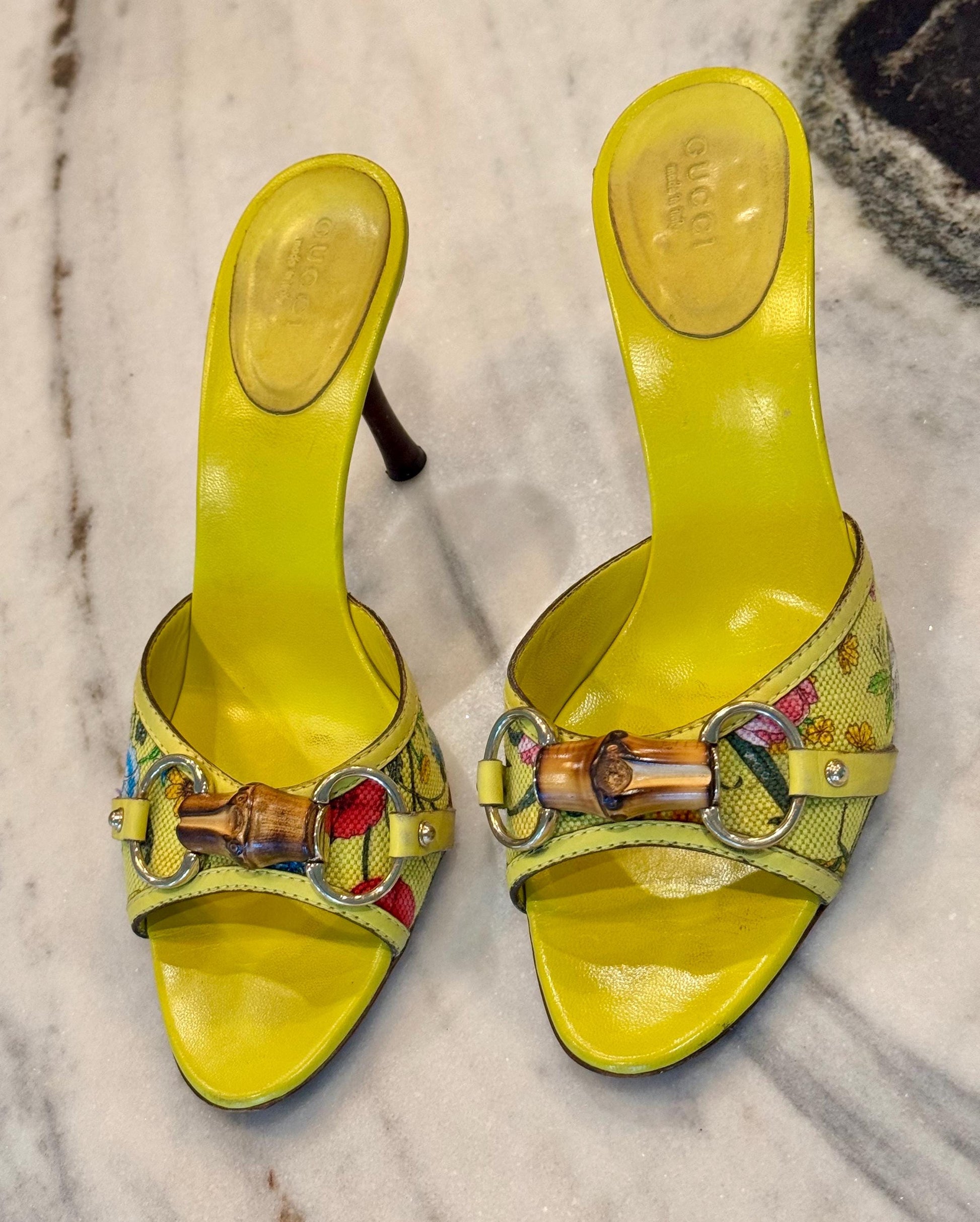 Gucci Yellow Leather Flora Canvas Bamboo Horsebit Mules