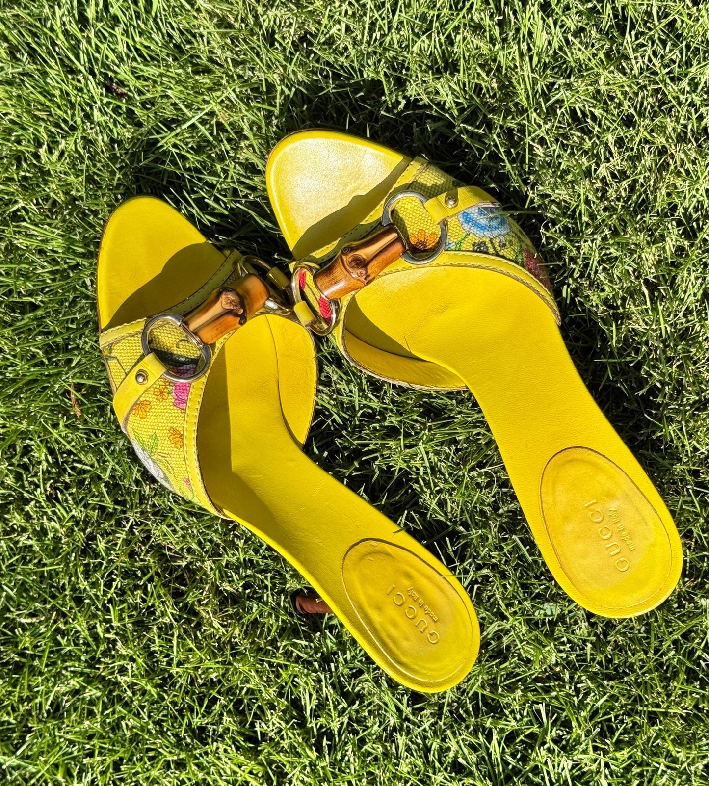 Gucci Yellow Leather Flora Canvas Bamboo Horsebit Mules