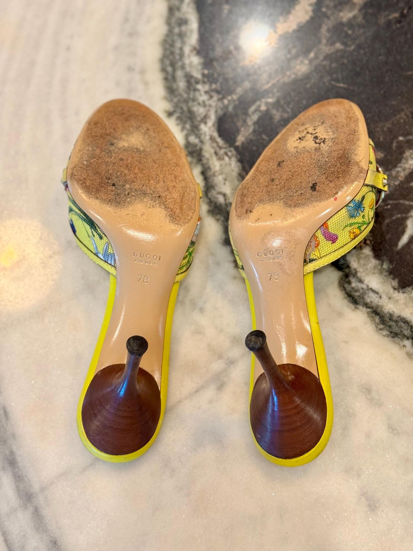Gucci Yellow Leather Flora Canvas Bamboo Horsebit Mules