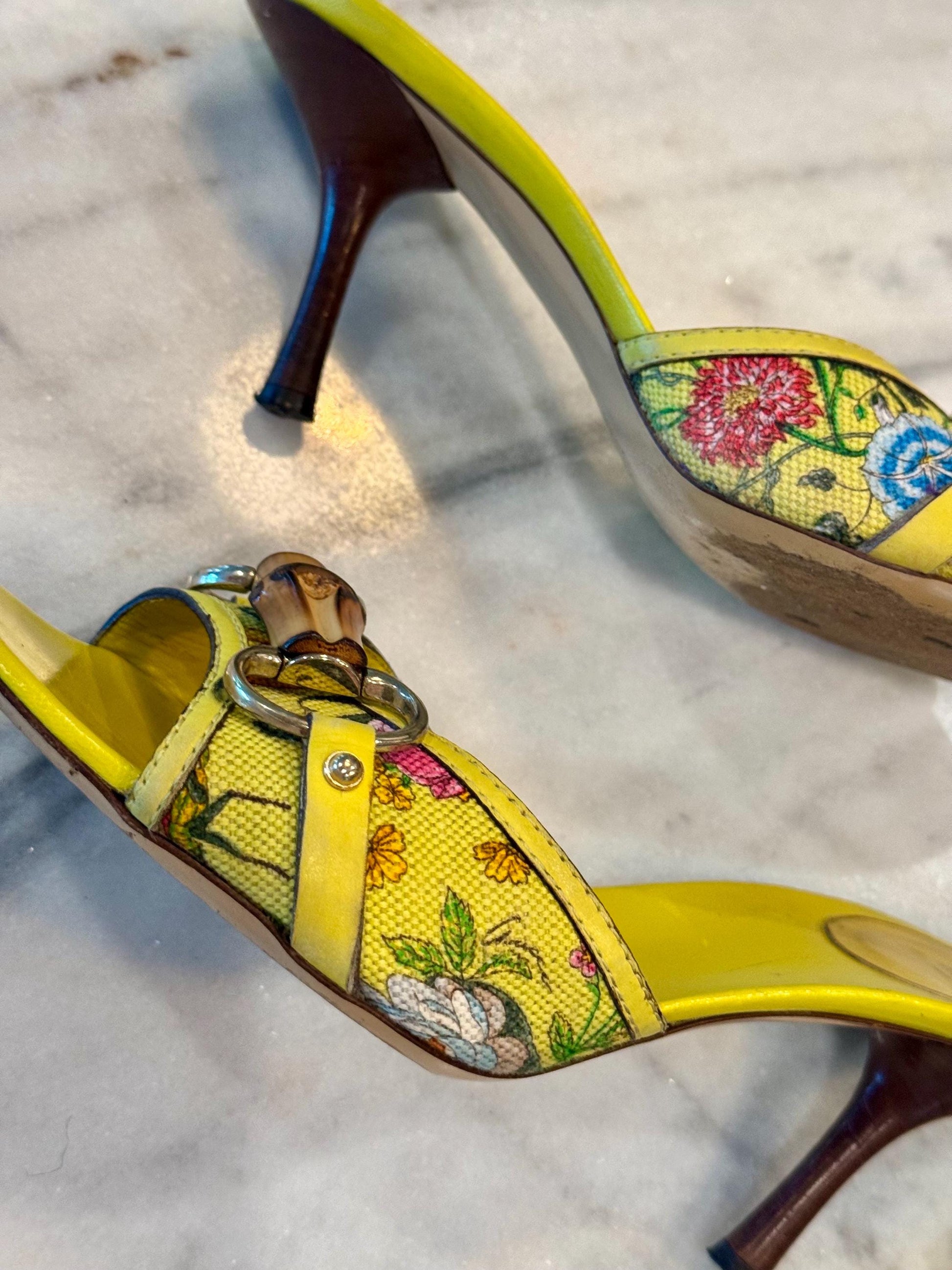 Gucci Yellow Leather Flora Canvas Bamboo Horsebit Mules