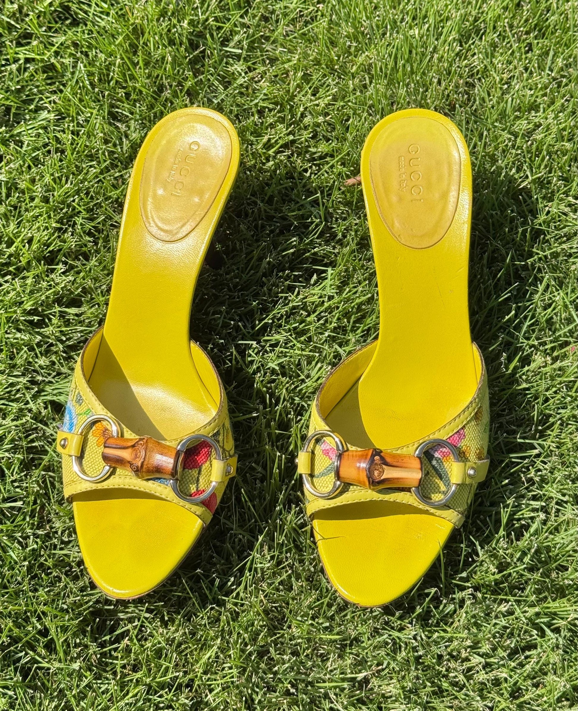 Gucci Yellow Leather Flora Canvas Bamboo Horsebit Mules