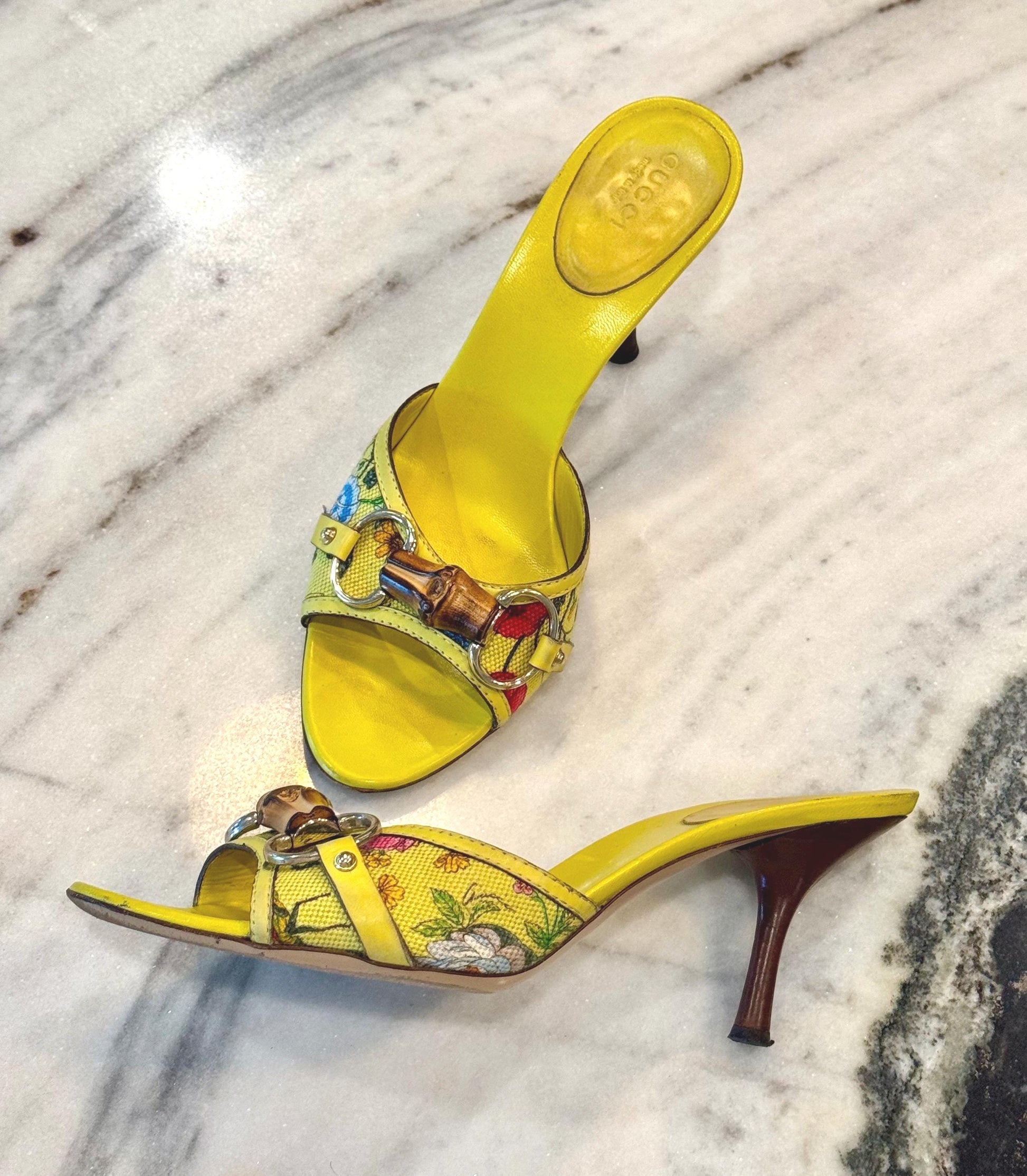Gucci Yellow Leather Flora Canvas Bamboo Horsebit Mules
