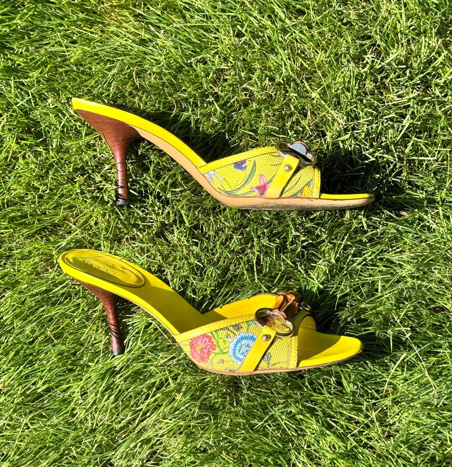 Gucci Yellow Leather Flora Canvas Bamboo Horsebit Mules