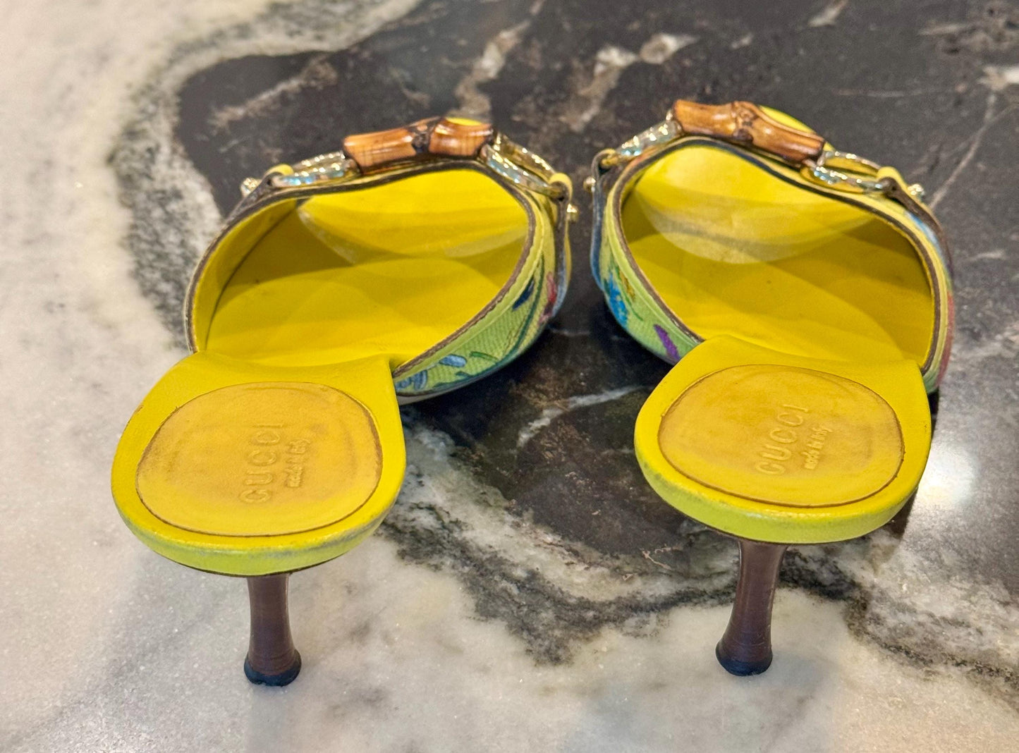 Gucci Yellow Leather Flora Canvas Bamboo Horsebit Mules