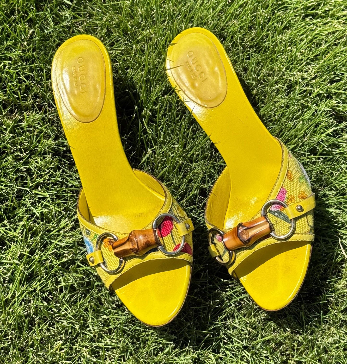 Gucci Yellow Leather Flora Canvas Bamboo Horsebit Mules