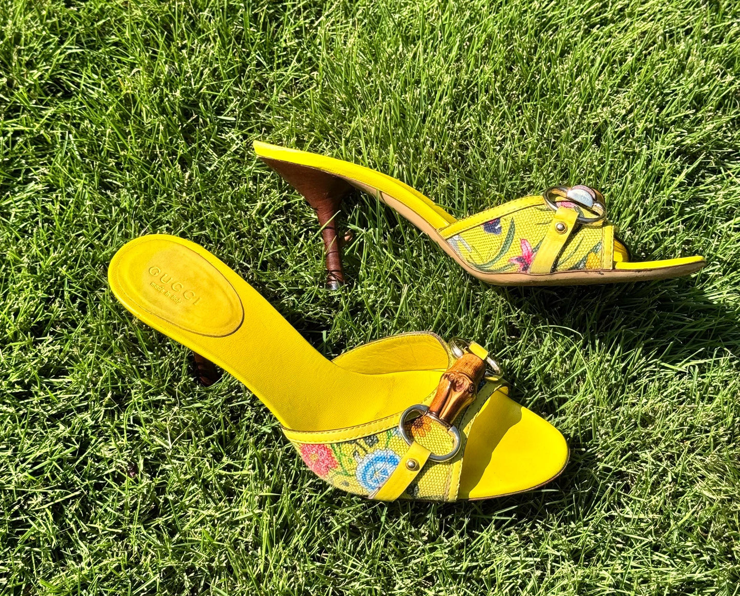 Gucci Yellow Leather Flora Canvas Bamboo Horsebit Mules