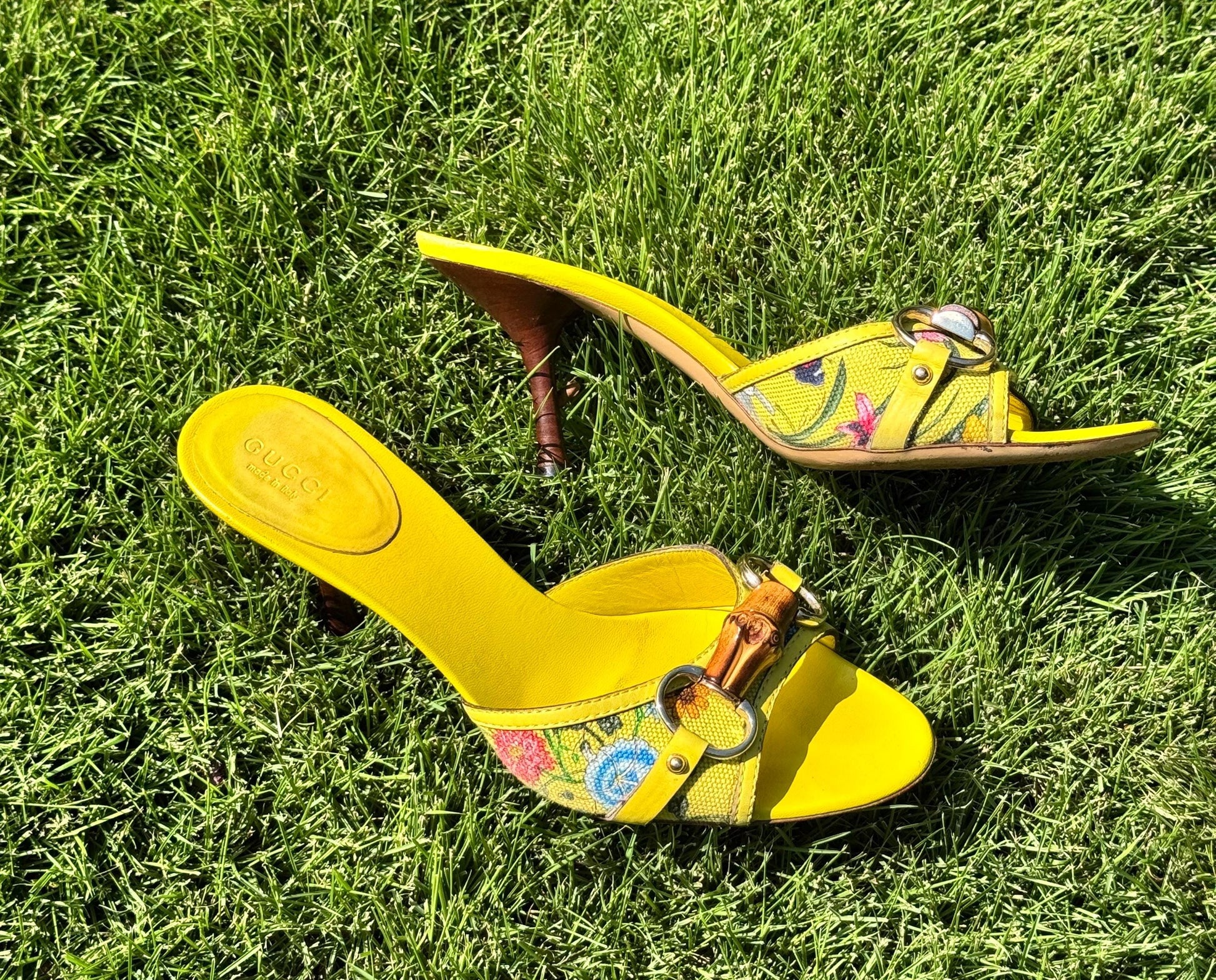 Gucci Yellow Leather Flora Canvas Bamboo Horsebit Mules
