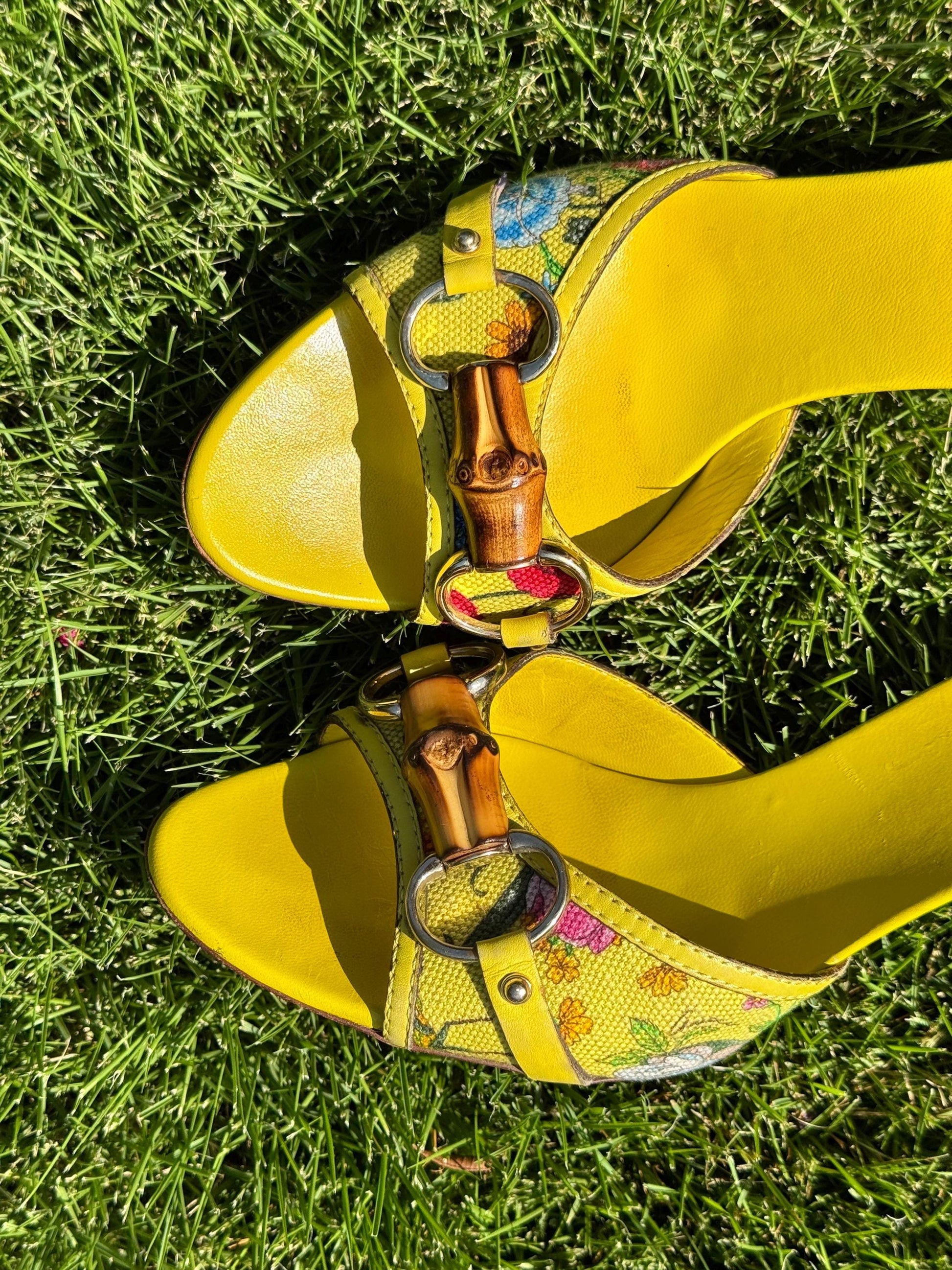 Gucci Yellow Leather Flora Canvas Bamboo Horsebit Mules