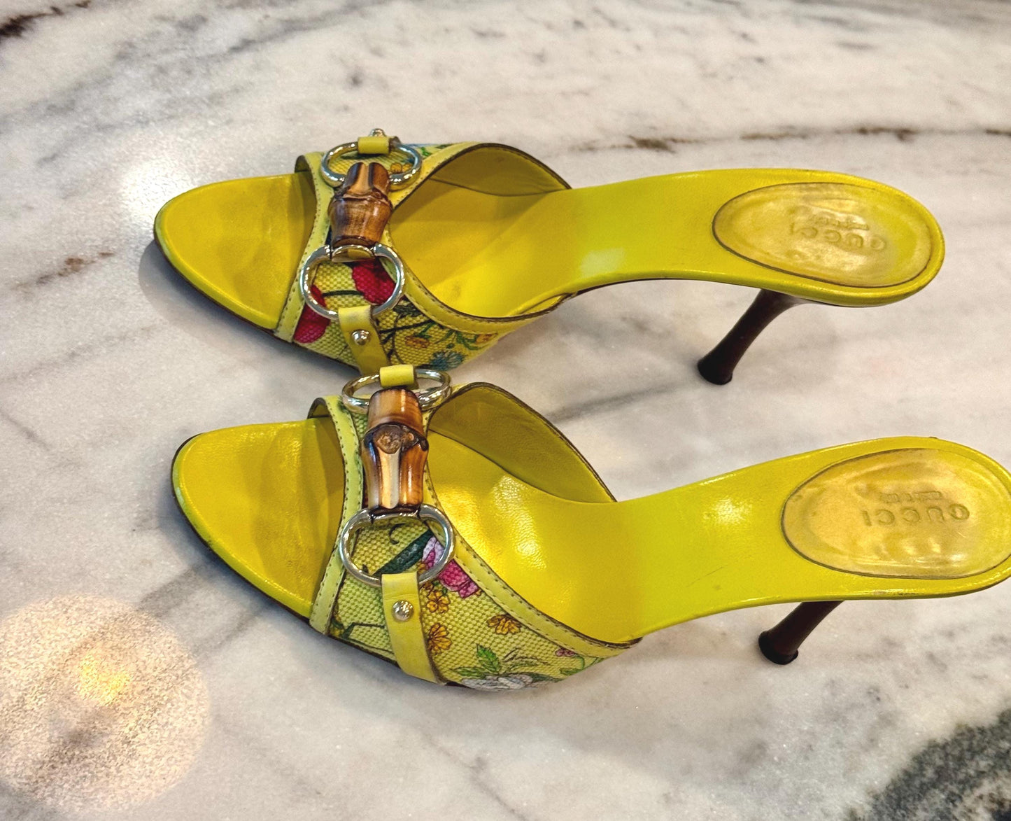 Gucci Yellow Leather Flora Canvas Bamboo Horsebit Mules