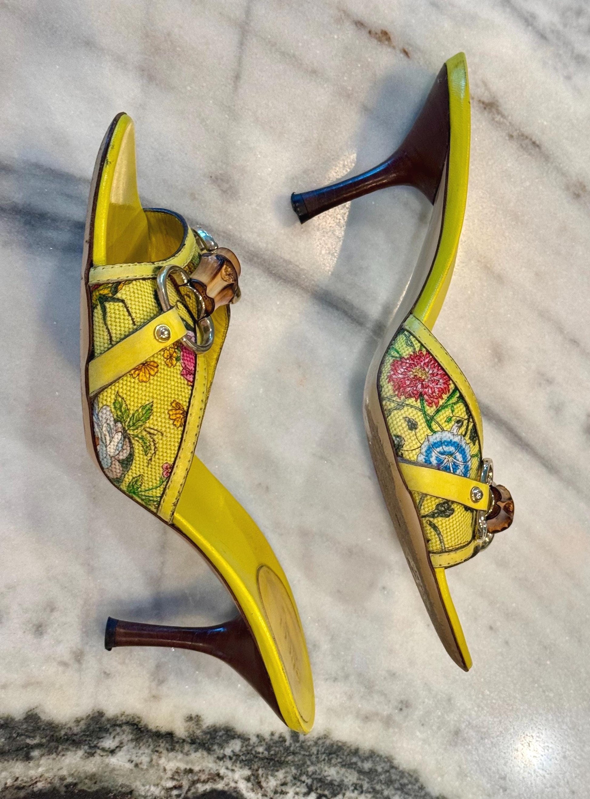 Gucci Yellow Leather Flora Canvas Bamboo Horsebit Mules