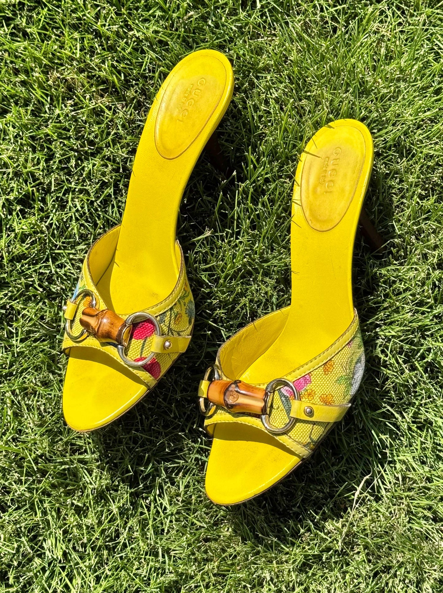Gucci Yellow Leather Flora Canvas Bamboo Horsebit Mules